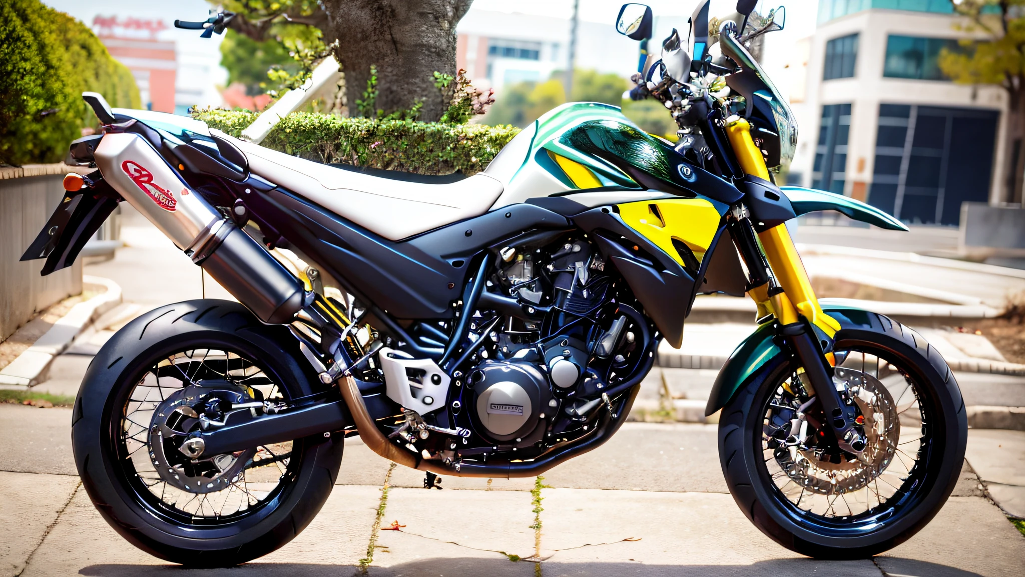 a close up of a motorcycle parked on a sidewalk near a tree, yoshimura exhaust, touring, beautifull, motorbike, dakar motorbike, motorcycle, kawasaki, grey metal body, cheeky!!!, high details!, edited, scrambler, black white, fantasy!!!, jerma985, jerma 9 8 5, riding, 2009, powerful detail