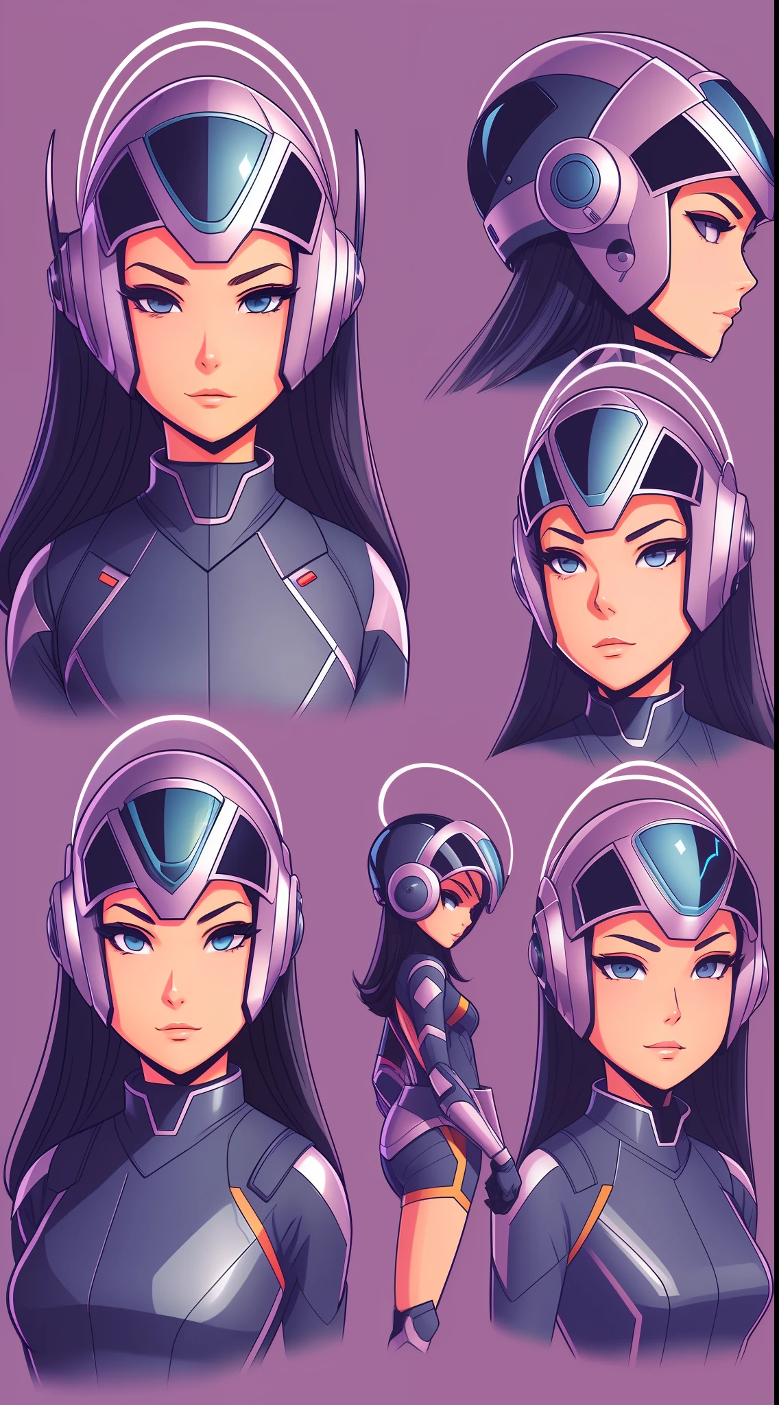 A beautiful android woman wearing EVA costume, futuristic helmet, visor, model sheet, (((front view)))), flat background, Skottie Young style