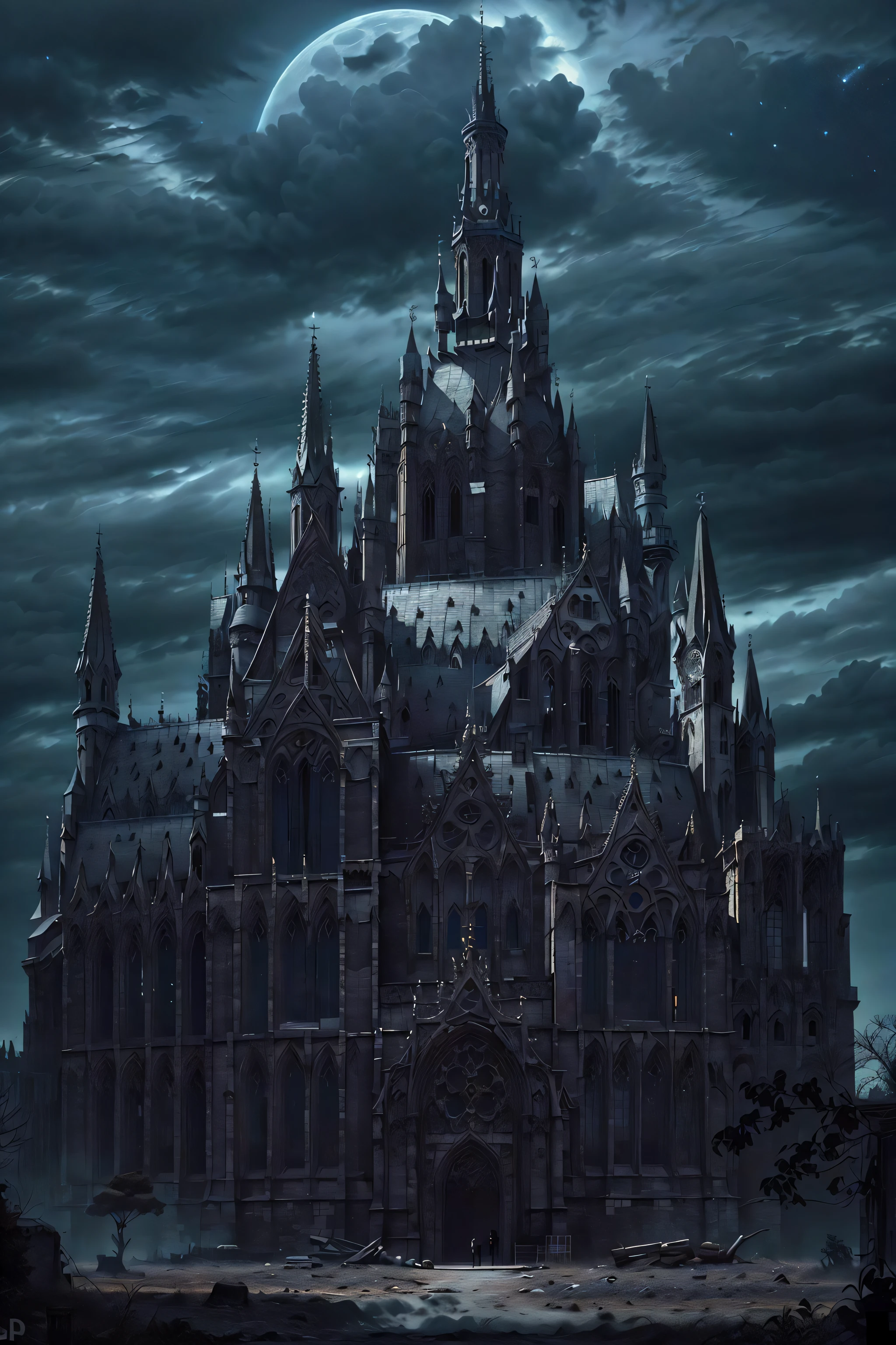 GothicHorrorAI cathedral , stylized, (architecture), landscape, (haunted, desolate, night, dark), (GothicHorrorAI fractals)