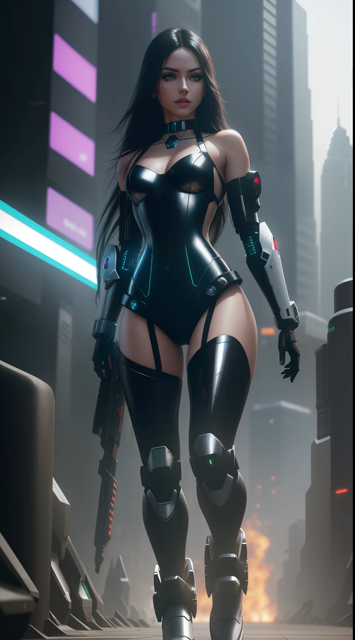 solo, 1 woman, (green eyes, white skin, long black hair, choker, small breasts, slim, makeup, eyeliner, gloss), in one-piece white futurisct sexy robotic armor, (shoulders on display, black robotic gloves, black robotic boots (mecha)), force field arround her, stopping bullets, masterpiece, best quality, 8k, sharp focus, depth of field, best shadows, perfect lights, HDR, realistic skin texture,  detailed, hyper detailed background, photorealistic, RAW photo, cyberpunk city, battle scene from an rpg book, dynamic lights, neon, wallpaper,