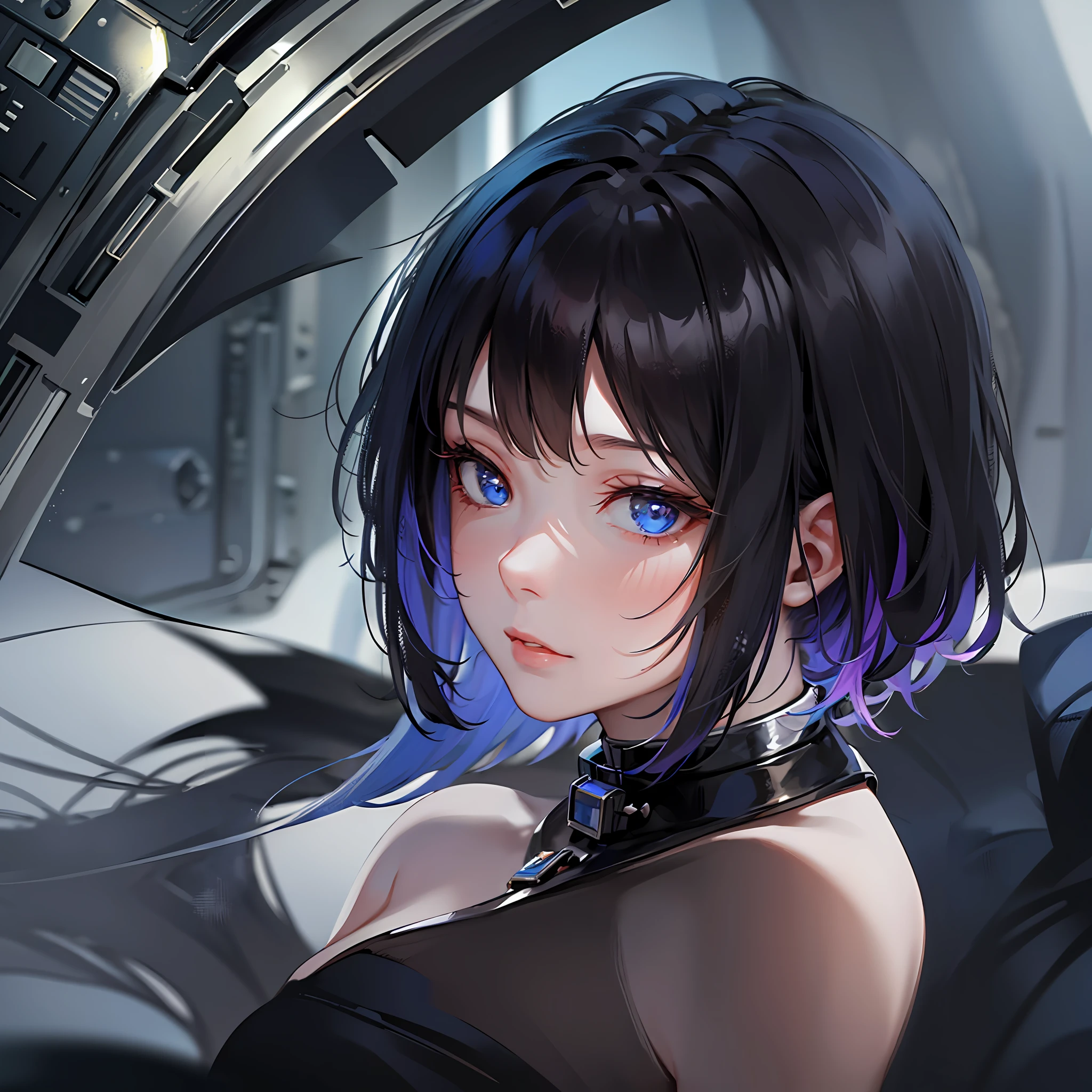 masterpiece, best quality, one girl, space, moon seen from spaceship,black hair, short straight hair, behind, blue eyes , realistic,bdsm, (adapted costume:1.1),casual,magnificent,perfect face, complex, [tone], good anatomy, --auto --s2