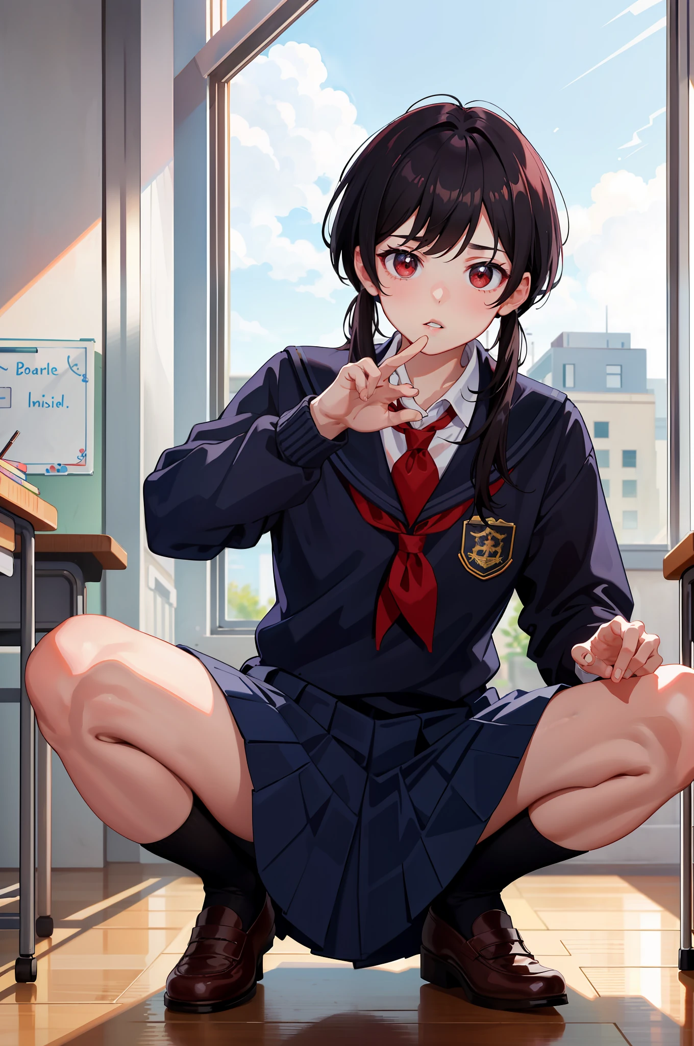 ((Masterpiece)), (Best Quality)), Absurdres, 1boy, Squat Cowboy Pose, Pov, School Uniform, (Classroom:1.1), Sunlight, (Half-Closed Eyes:0.4), (Parted Lips:1.4), (Nose Red:1.2), School Uniform:1.5, Wendy