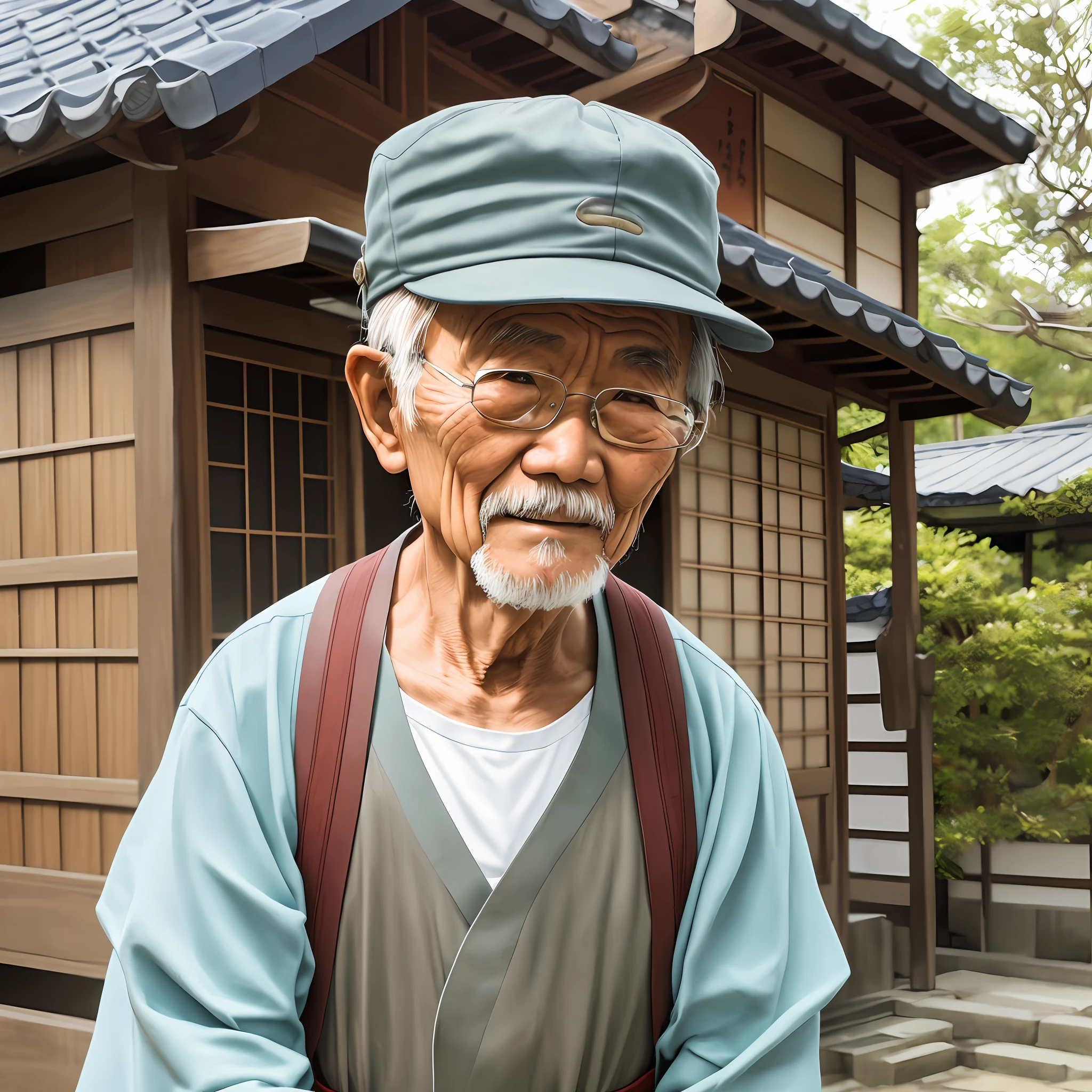 japanese old man, wearing cap, smling, in front of the house --auto --s2