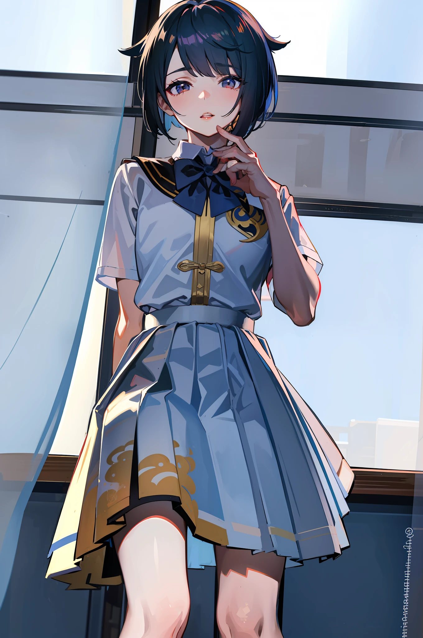 ((Masterpiece)), ((Best Quality)), Absurdres, 1boy, Squat Cowboy Pose, POV, School Uniform, (Classroom:1.1), Sunlight, (Half-Closed Eyes:0.4), (Parted Lips:1.4), (Nose Red:1.2), School Uniform: 1.5), Xingqiu (Genshin), Crouch