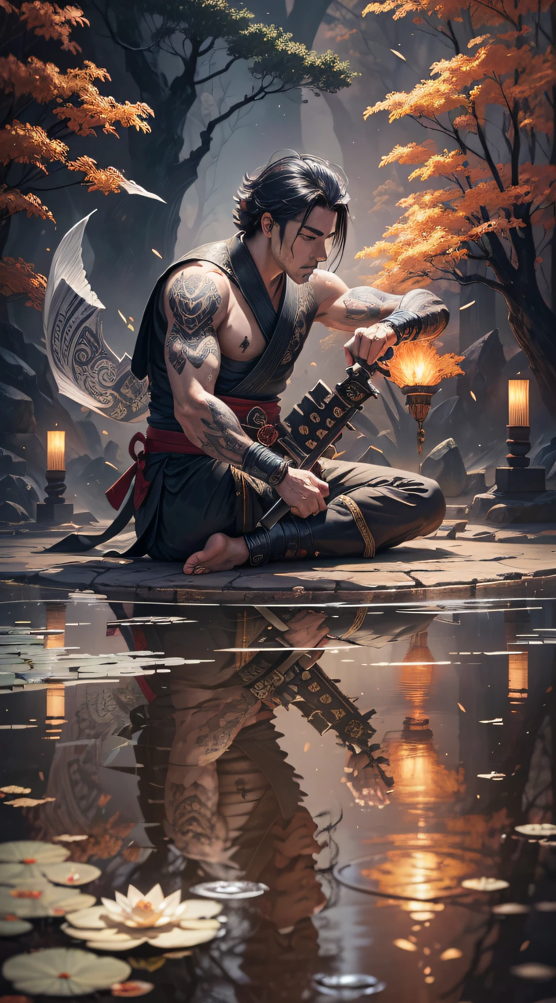 A man, ink style, sense of rivers and lakes, martial arts master, temple, bluestone path, long sword, ancient scripture, pond, lotus, ancient style, desolate, mysterious, historical heritage, pyrotechnics, elegant.