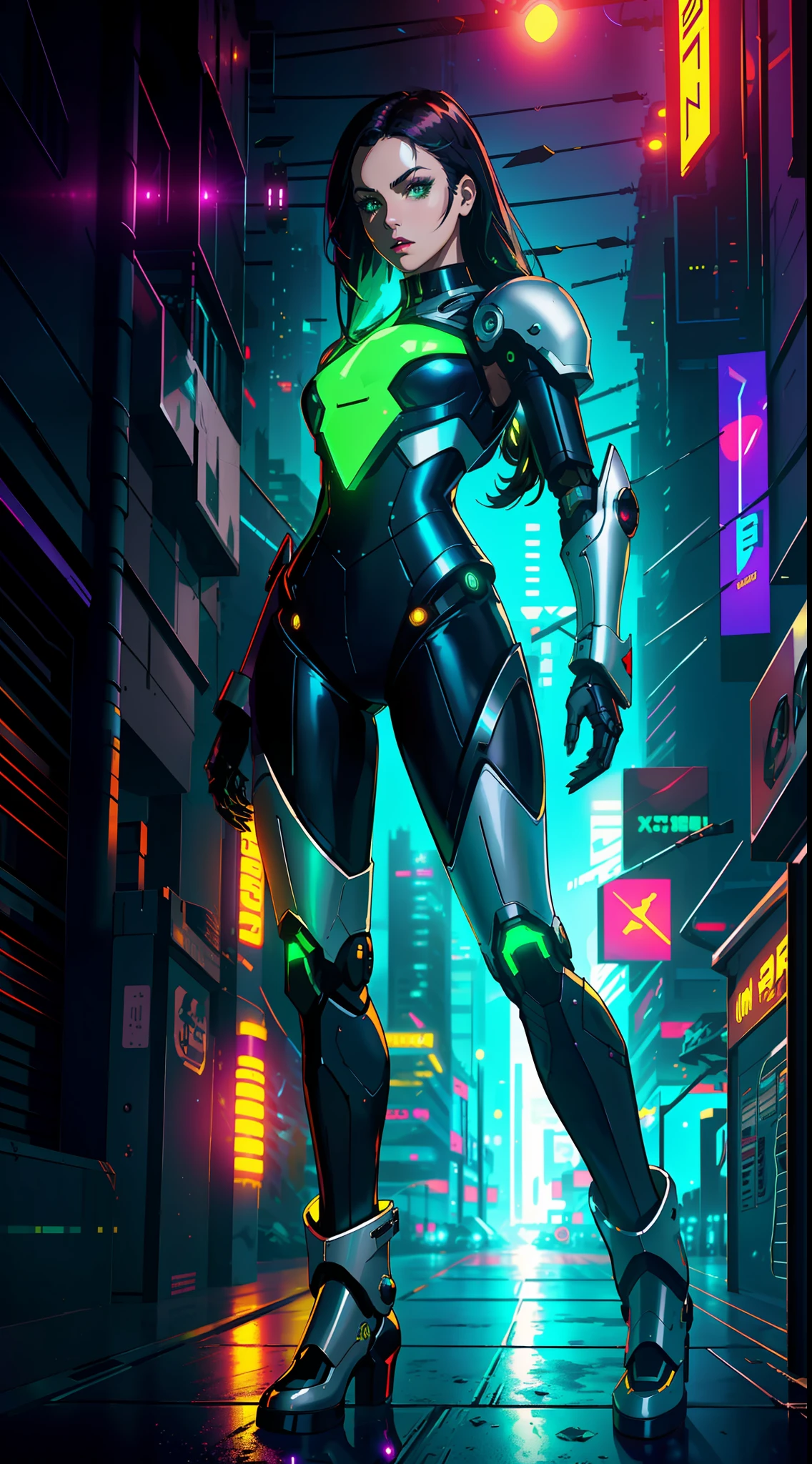 solo, 1 woman, (green eyes, white skin, long black hair, choker, small breasts, slim, makeup, eyeliner, gloss), in one-piece white futurisct sexy robotic armor, (shoulders on display, black robotic gloves, black robotic boots (mecha)), force field arround her, stopping bullets, masterpiece, best quality, 8k, sharp focus, depth of field, best shadows, perfect lights, HDR, realistic skin texture,  detailed, hyper detailed background, photorealistic, RAW photo, cyberpunk city, battle scene from an rpg book, dynamic lights, neon, wallpaper,