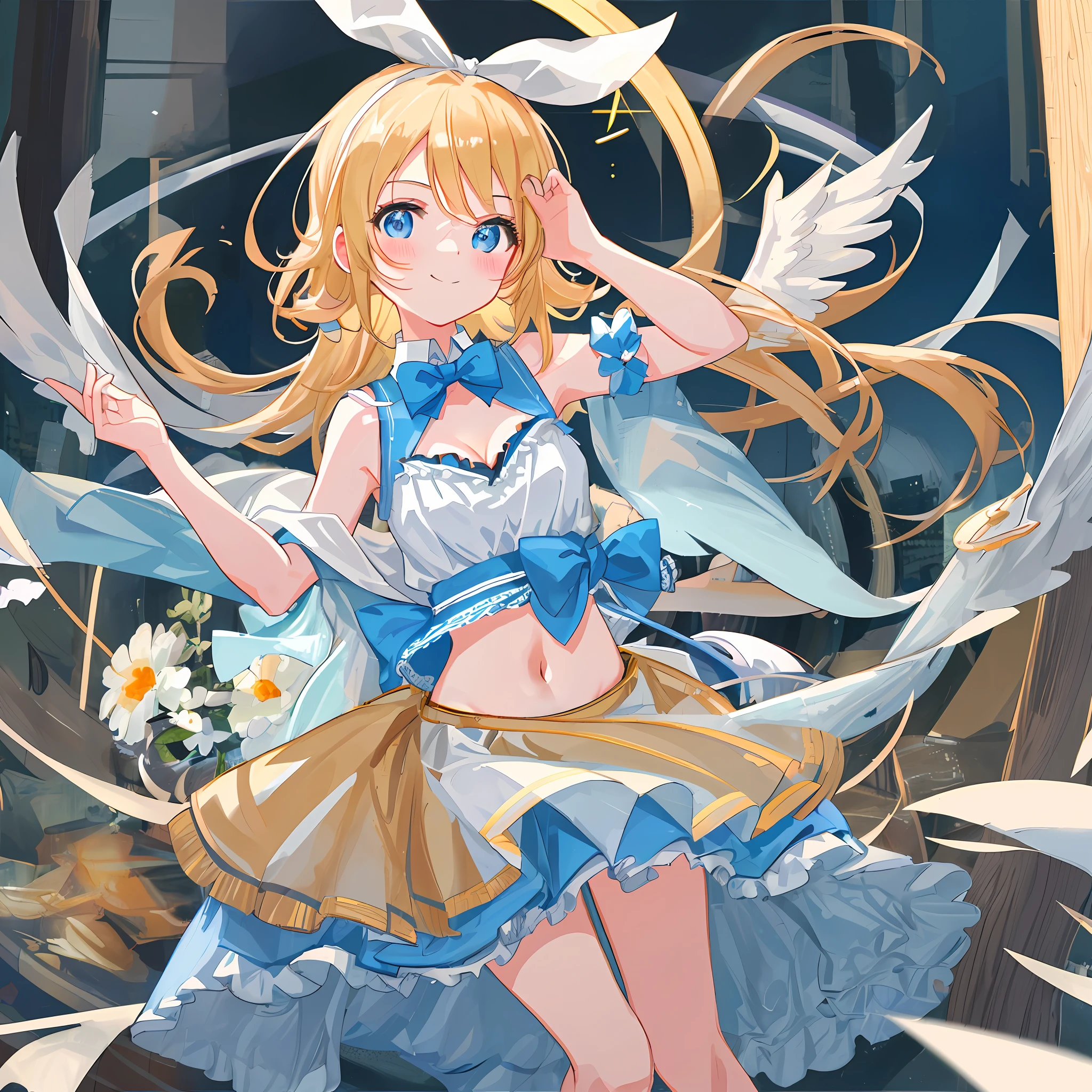 (((Masterpiece)))), (((Best Quality)))), (Illustration)))), (Ultra Detail)))), (High Definition)))), Girl, (Kagamine Rin), (Blush), (Embarrassing)), Cowboy Shot, Look Viewer, (White Bikini), Cute, Ecchi Anime Style, Medium, Popular on pixiv, Loli, Beautiful Girl Anime Style, Sexy Anime Style, Buruaka Style, see-through, cleavage, most popular on pixiv, angel, sleeveless, navel visible, innocent face, pure white wings, character center, circle of angels, one girl, official fan art, pixiv masterpiece, smile, pixiv top rating, lover's perspective, incredibly cute, adorable, precious, adorable, curvaceous, attractive girl, white ribbon on head, want to protect you, possessive, clear light blue eyes, delicate hands, very beautiful face, close to subject, flower garden, sweet gesture, heart in background
