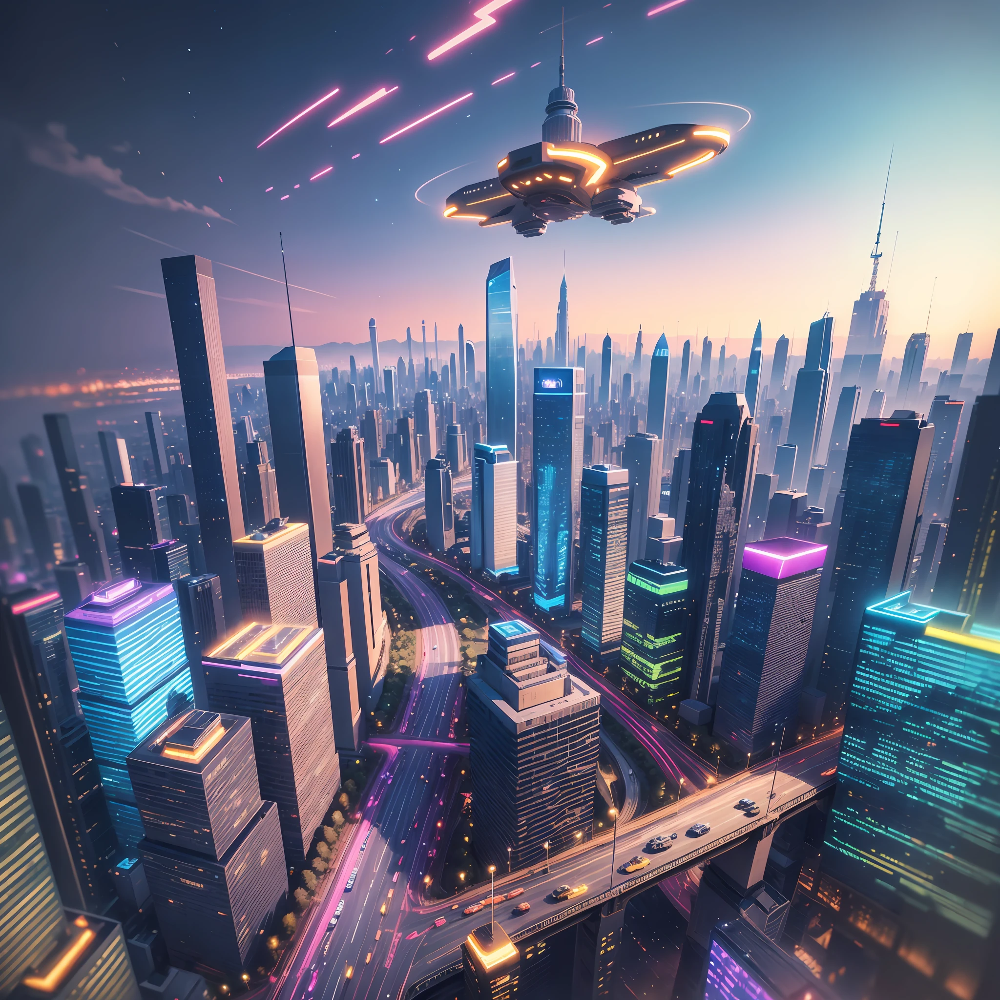 Create a majestic futuristic city with a skyline of bright towers and gleaming skyscrapers, with perfect harmony between nature and technology, with avenues with holographic trees, with bright colors and gleaming foliage, buildings with glass facades that capture the rays of the sun and transform them into a myriad of sparkling colors, flying cars in the skies on aerial streets, Drones in the narrow alleys, delivering packages and messages, in an ultra realistic landscape, with vibrant colors, 4K, cinematic lighting, natural lighting, vibrant multicolored lighting, film grain, cinematic lighting, high detail, photoreal, photorealistic, volumetric lighting and shading --auto --s2