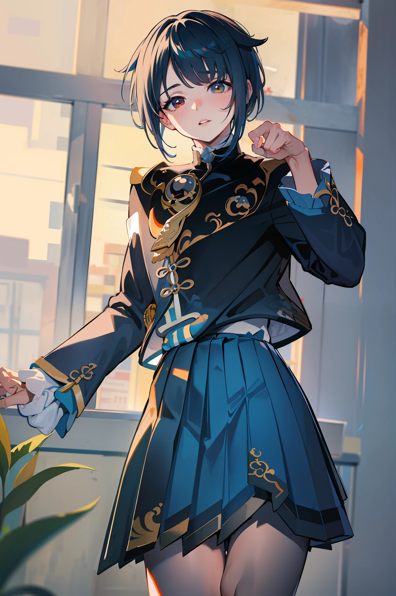 ((Masterpiece)), ((Best Quality)), Absurdres, 1boy, Squat Cowboy Pose, POV, School Uniform, (Classroom:1.1), Sunlight, (Half-Closed Eyes:0.4), (Parted Lips:1.4), (Nose Red:1.2), School Uniform: 1.5), Xingqiu (Genshin), Crouch