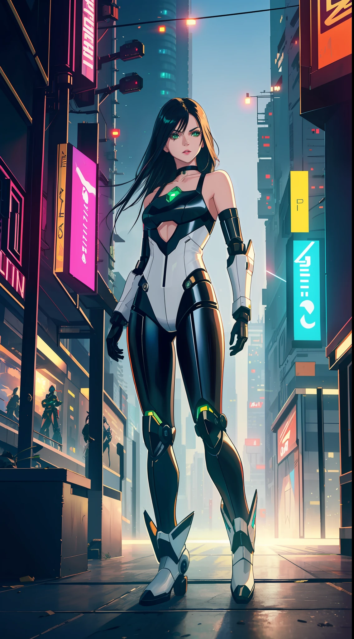 solo, 1 woman, (green eyes, white skin, long black hair, choker, small breasts, slim, makeup, eyeliner, gloss), in one-piece white futurisct sexy robotic armor, (shoulders on display, black robotic gloves, black robotic boots (mecha)), force field arround her, stopping bullets, masterpiece, best quality, 8k, sharp focus, depth of field, best shadows, perfect lights, HDR, realistic skin texture, detailed, hyper detailed background, photorealistic, RAW photo, cyberpunk city, battle scene from an rpg book, dynamic lights, neon, wallpaper,