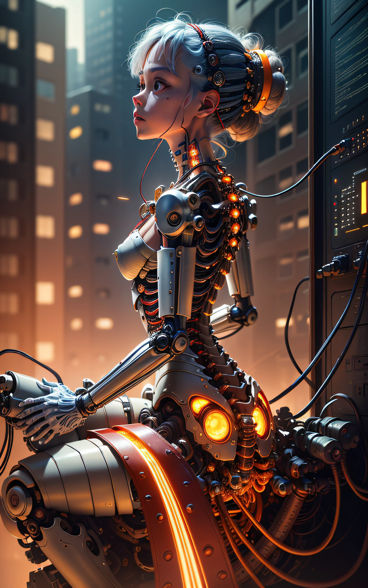 (((masterpiece))), (((best quality))), ((ultra-detailed)), (highly detailed CG illustration), ((an extremely delicate and beautiful)),(from side),cinematic light,((1mechanical girl)),solo,half body,(machine made joints:1.2),((machanical limbs)),(blood vessels connected to tubes),(mechanical vertebra attaching to back),((mechanical cervial attaching to neck)),(sitting),expressionless,(wires and cables attaching to neck:1.2),(wires and cables on head:1.2)(character focus),science fiction,city background, extreme detailed,colorful,highest detailed,(face shadow (extra detailed,best performance)), laser eyes (detailed red))fire in holes of hands)