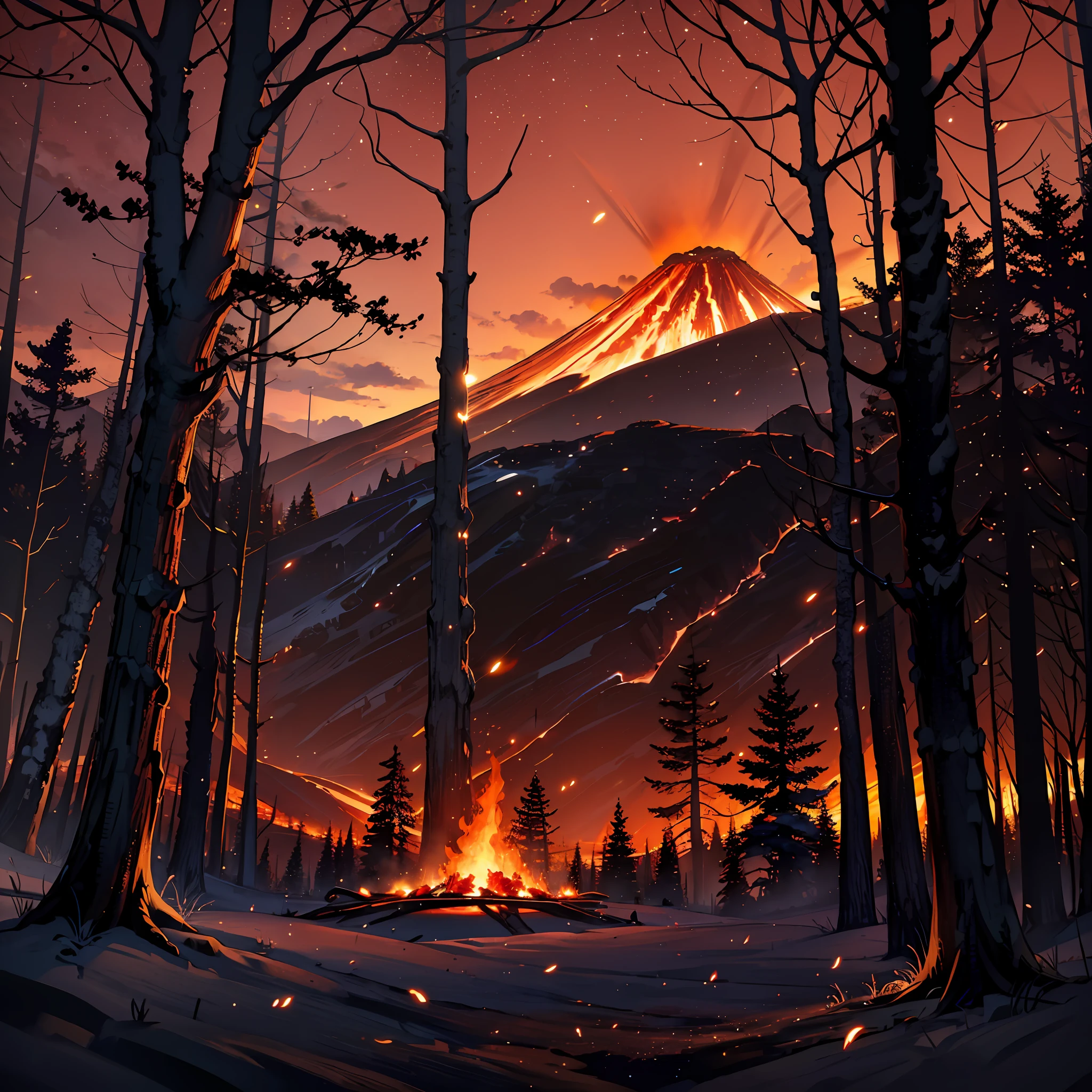 (dark forest, night),(glowing fireflies),(dead trees),(majestic volcano, background),(burning red sky),(detailed environment),(well done lighting) --auto --s2