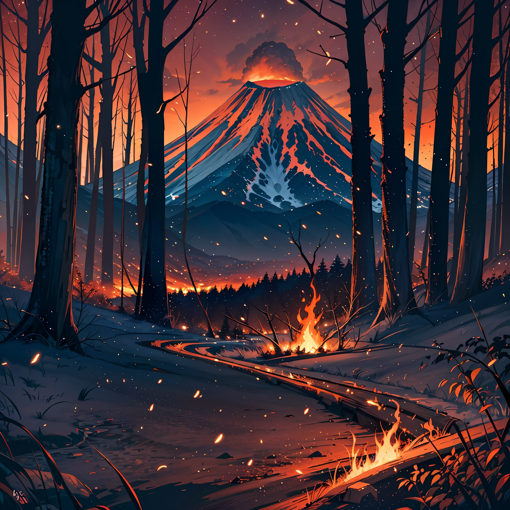 A dark forest at night, with fireflies glowing and dead trees strewn about, with a majestic volcano in the background and the red sky on fire --auto --s2