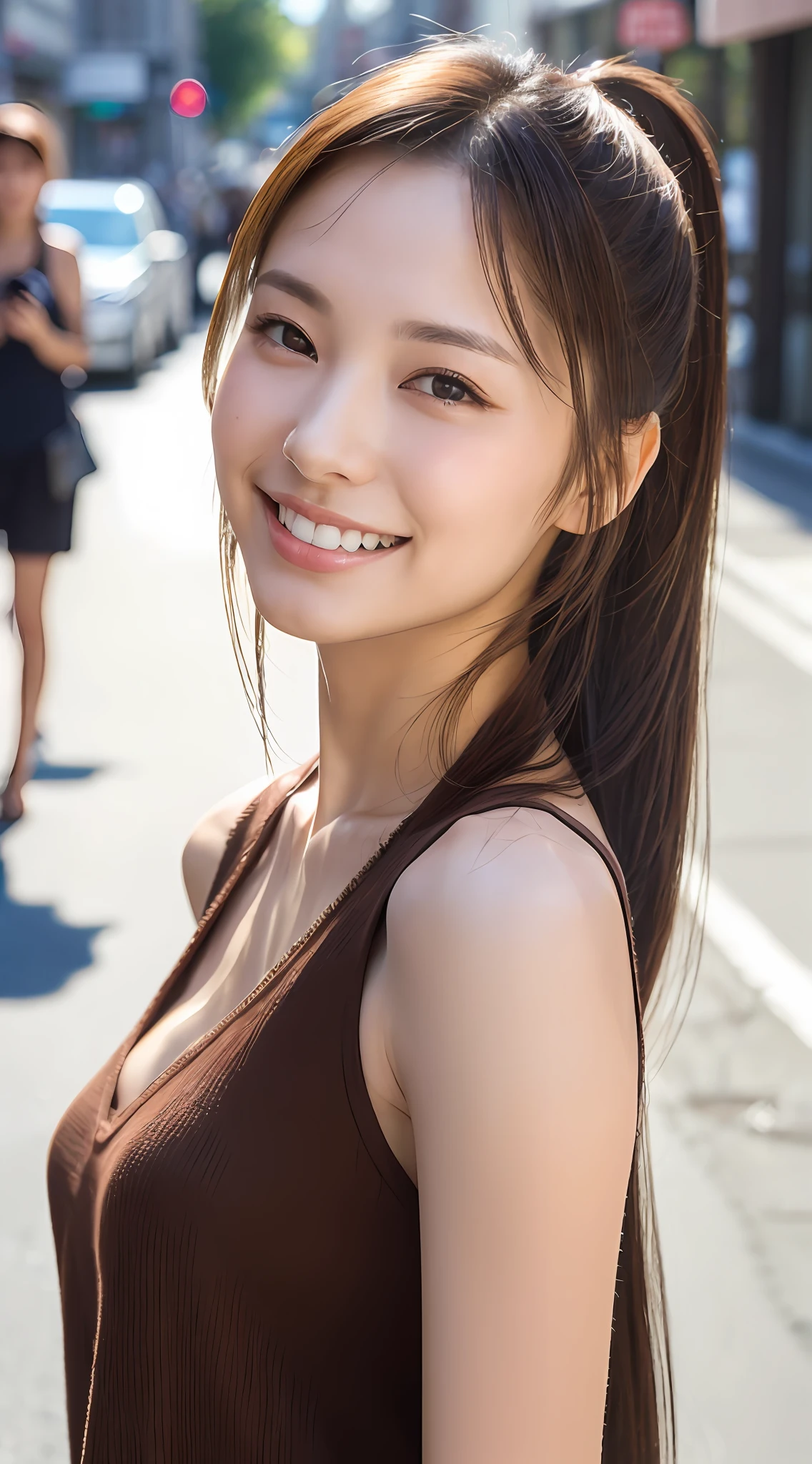 Ponytail, Front, RAW Photo, Camera Gaze, Top Quality, 8k, Masterpiece, Sharp Focus, White Blouse, Pretty Face, Best Smile, Pretty Smile, Beautiful Woman in Perfect Style, Slender, Dark Brown Hair, Natural Light, City Street, Highly Detailed Face and Skin Texture, Detailed Eyes, Double Eyelids