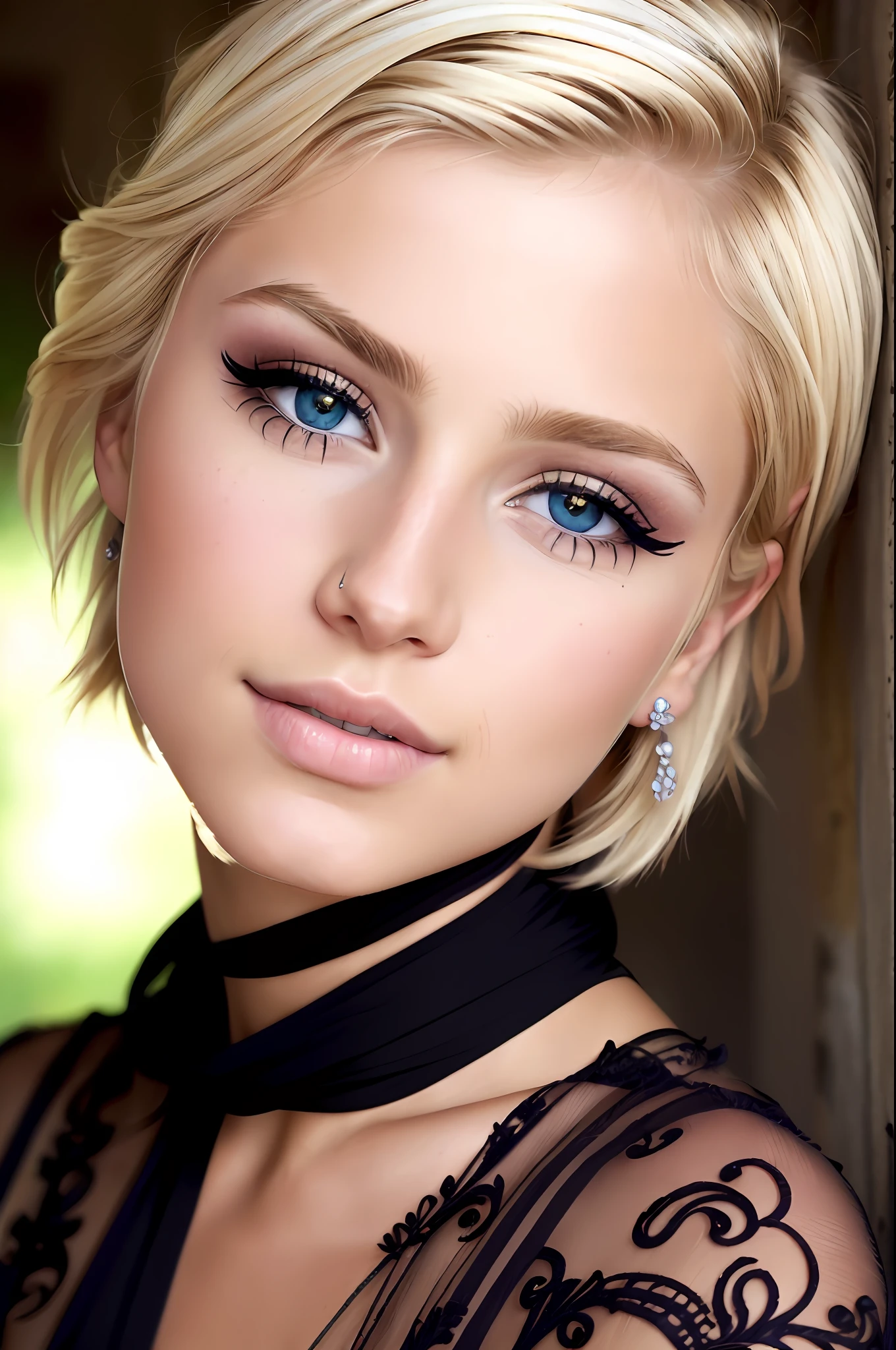 ((best quality)), ((ultra res)), ((photorealistic)), (intricate details), 19 years old, blonde hair, perfect face, make up:1.5, light on face, face detail, pixie_cut,