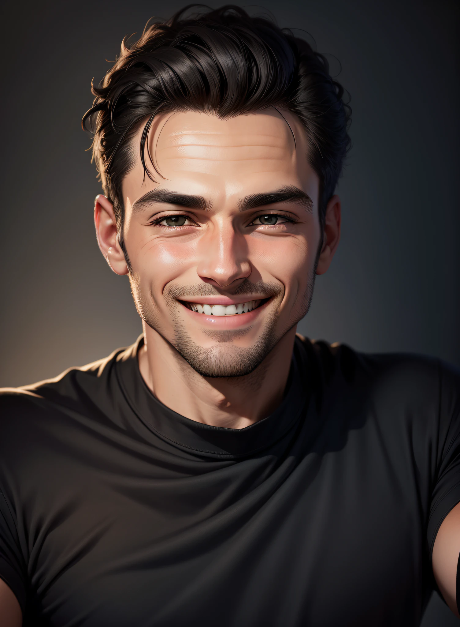 Black shirt man smiling, 8k selfie photography