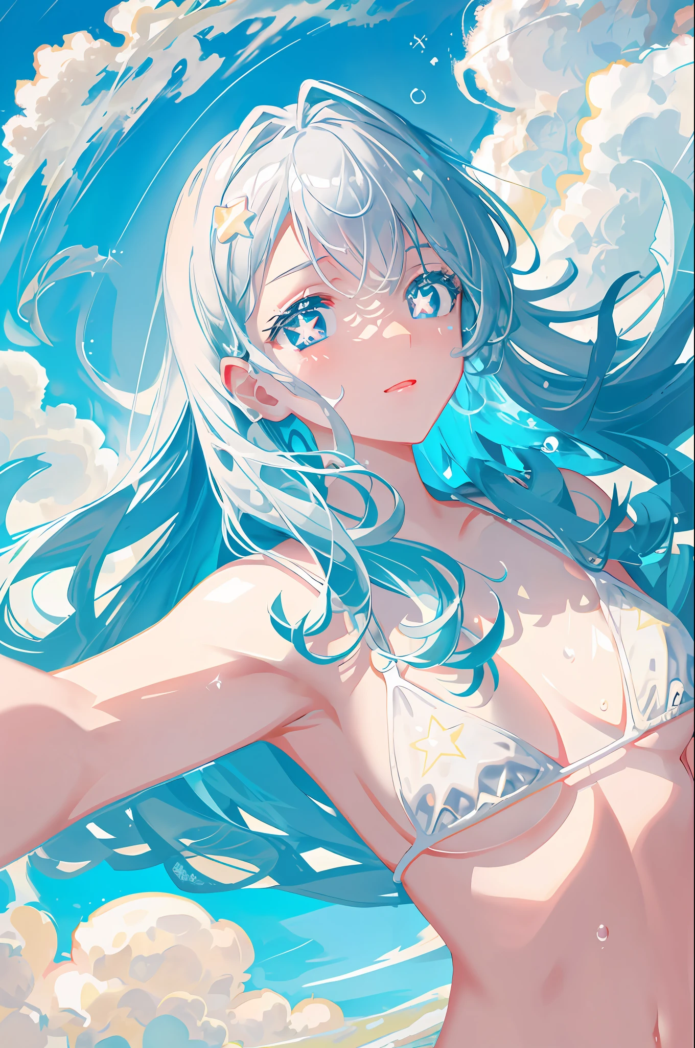 Cloud girl, floating in the sky, bright, happy, fun, soft lighting, full anatomy, (eyes with (ultra-detailed star-shaped pupils)), partially submerged, bubbles, shiny skin, sweat, cloudy sky, micro bikini,