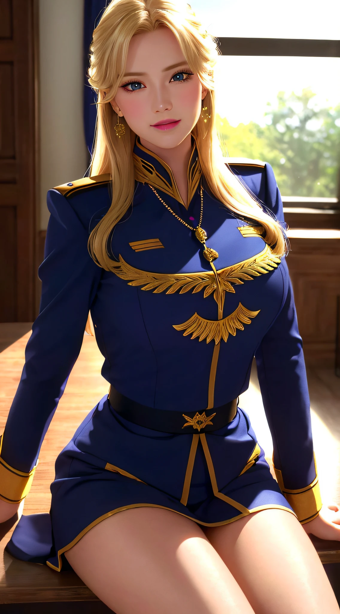 sitting on desk, aroused, necklace, earrings, full body, long blonde hair, blue military uniform, superb, ultra-high-definition, RAW photo, realism: 1.25), (bright lip gloss, long eyelashes, smooth face, bright skin, natural shadows, wide light, wide light, depth of field, strong colors, subtle caustics: 0.8), (big tits), v6
