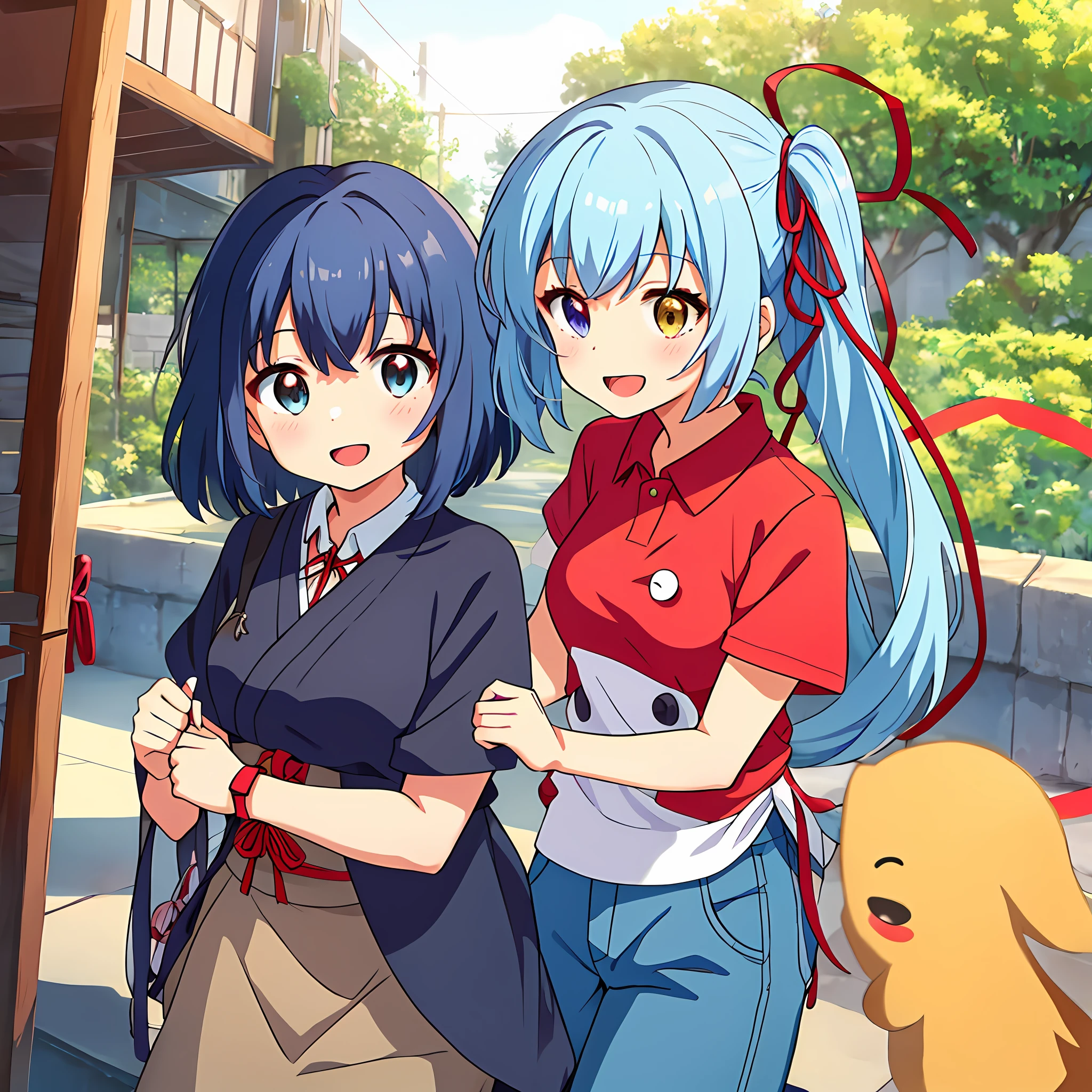 "Kyoto Animation" style anime illustration, highest quality, (cute: 1.1), (cute), (high resolution: 1.2), incredibly ridiculous: 1.3, incredibly fine illustration, cute girl, (heterochromia, light blue eyes and light green eyes), solo, standing figure, happy, :d, masterpiece, highest quality, absurdity, high resolution, official art, (cute: 1.8), ((Chibi character: 1.5)), Solo, (((light blue hair, side tail, red ribbon)), Thin hair, 1 beautiful girl, (Cute: 1.8), Caregiver, (Short sleeve plain red polo shirt, beige long pants)), watch the viewer, Front, Princess eyes, large breasts, Front view, Car driver's seat, cute sneakers, Deformed character