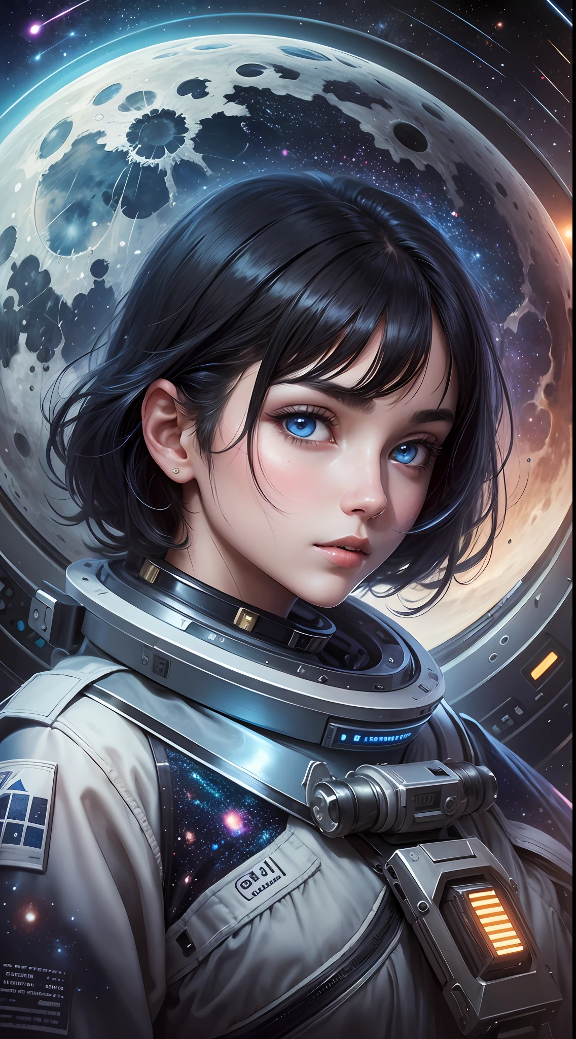 masterpiece, best quality, one girl, space,moon seen from spaceship,black hair, short straight hair, behind,drooping eyes,blue eyes,realistic, (Adaptive costume:1.1),casual,magnificent,perfect face, complex, [tone], good anatomy, --auto --s2
