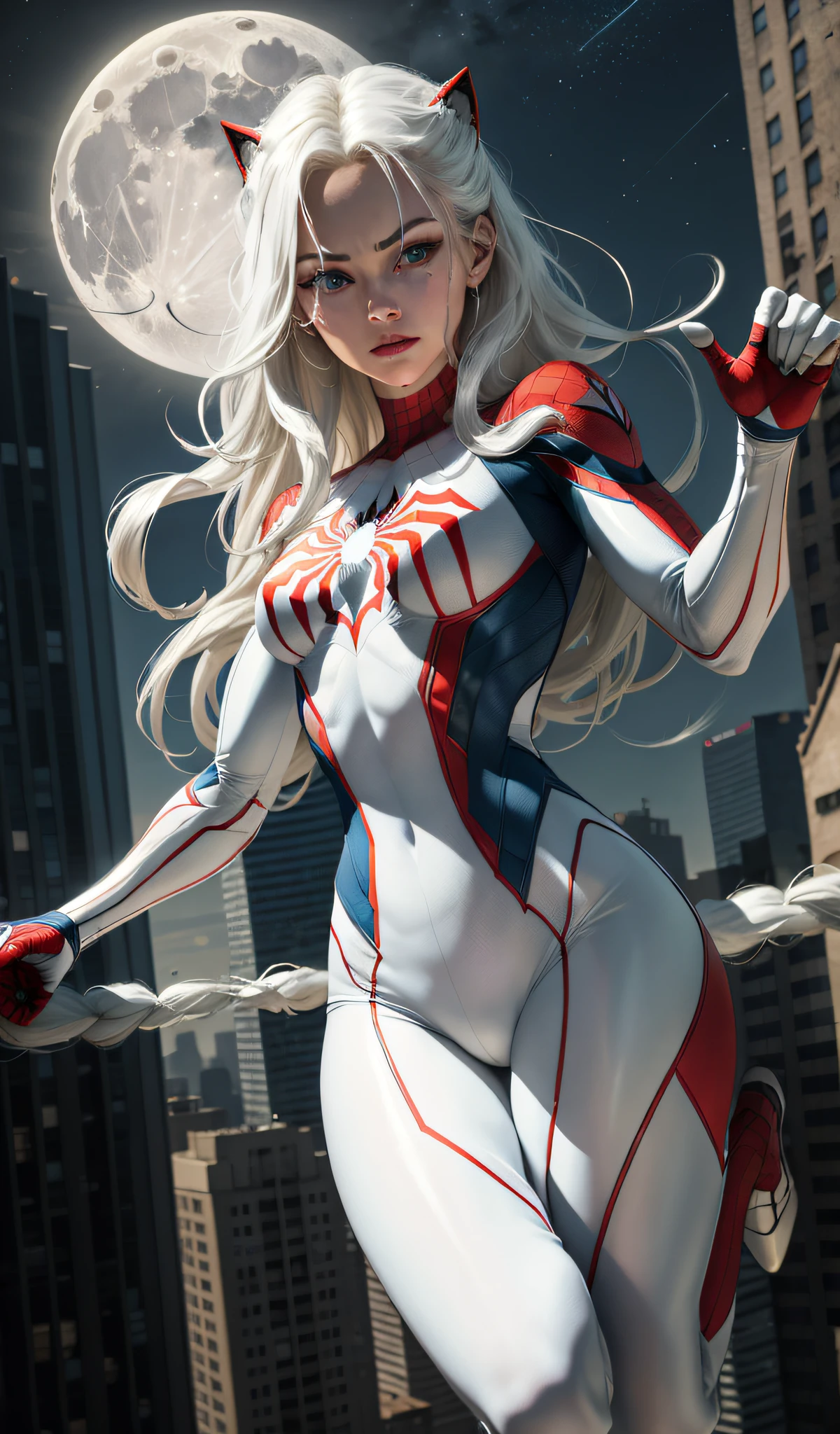 (Masterpiece, 4k resolution, ultra-realistic, very detailed), (White superhero theme, charismatic, there's a girl on top of town, wearing Spider-Man costume, she's a superhero), [ ((25 years), (long white hair:1.2), full body, (blue eyes:1.2), ((Spider-Man pose),show of strength, jumping from one building to another), ((sandy urban environment):0.8)| (cityscape, at night, dynamic lights), (full moon))] # Explanation: The Prompt mainly describes a 4K painting of ultra-high definition, very realistic, very detailed. It shows a superheroine at the top of the city, wearing a Spider-Man costume. The theme in the painting is a white superhero theme, the female protagonist has long white hair, is 25 years old and her entire body is shown in the painting. In terms of portraying the actions of superheroines, spiders are employed