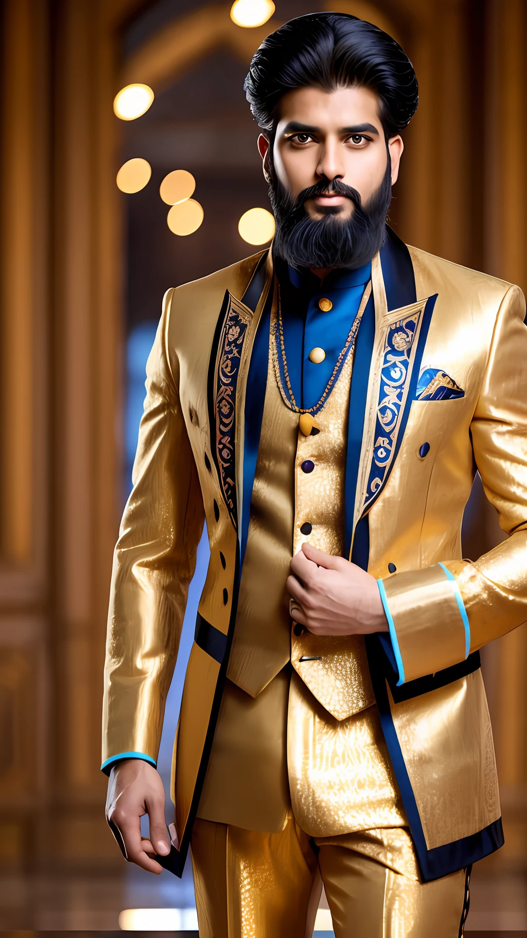Front view symmetric portrait photo of a tall, stoic, stern::1, bearded, handsome man, wearing a long black ornate indian sherwani::3 suit, in a bright::2 opulent ballroom. Vivid yellow::2, amber, and blue bokeh::3 background. Full frame 85mm f/1.4 lens.