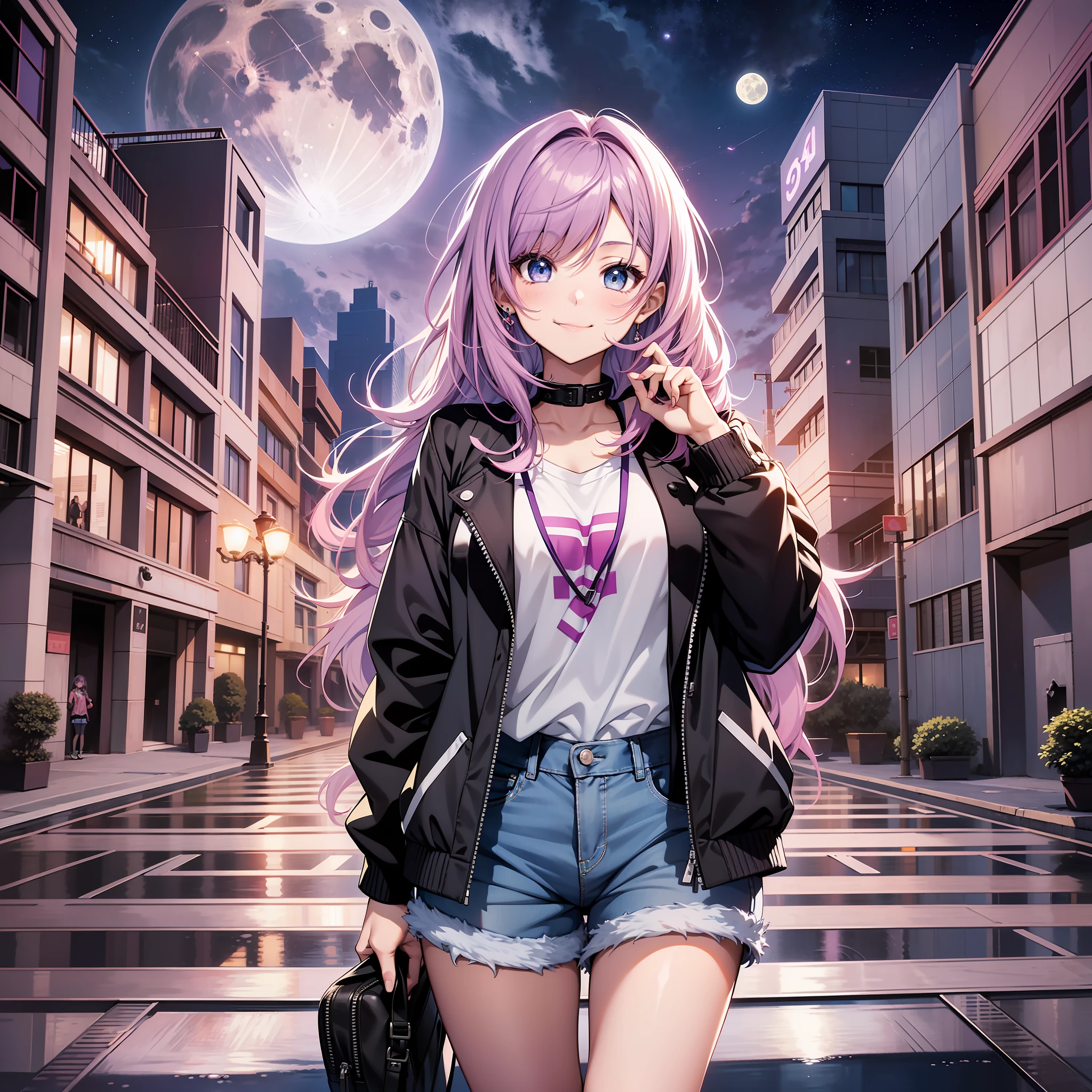 Young girl, anime, pink and purple hair, beautiful face, wearing black jacket, jean shorts, white short blouse, smiling, blue eyes, high up in a large building, in front of the moon, looking at the viewer, victorious pose, 4k, good anatomy, best quality, sharp face