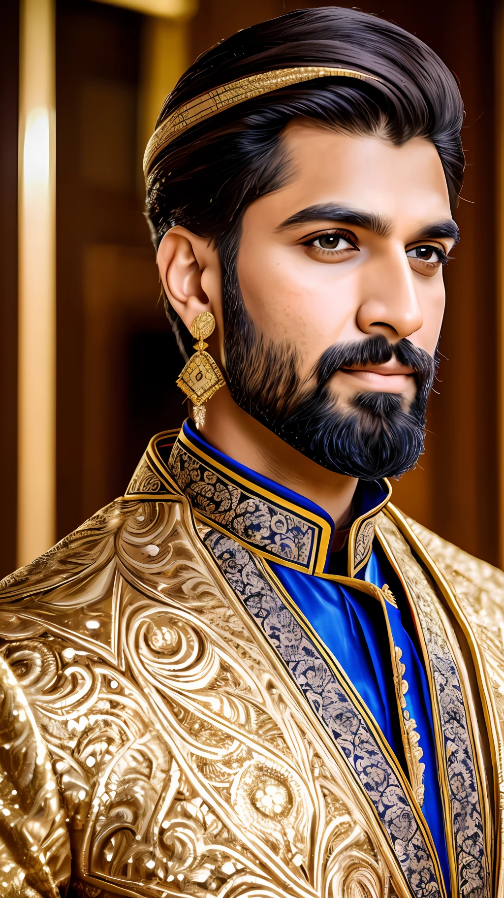 Front view symmetric portrait photo of a tall, stoic, stern::1, bearded, handsome man, wearing a long black ornate indian sherwani::3 suit, in a bright::2 opulent ballroom. Vivid yellow::2, amber, and blue bokeh::3 background. Full frame 85mm f/1.4 lens.