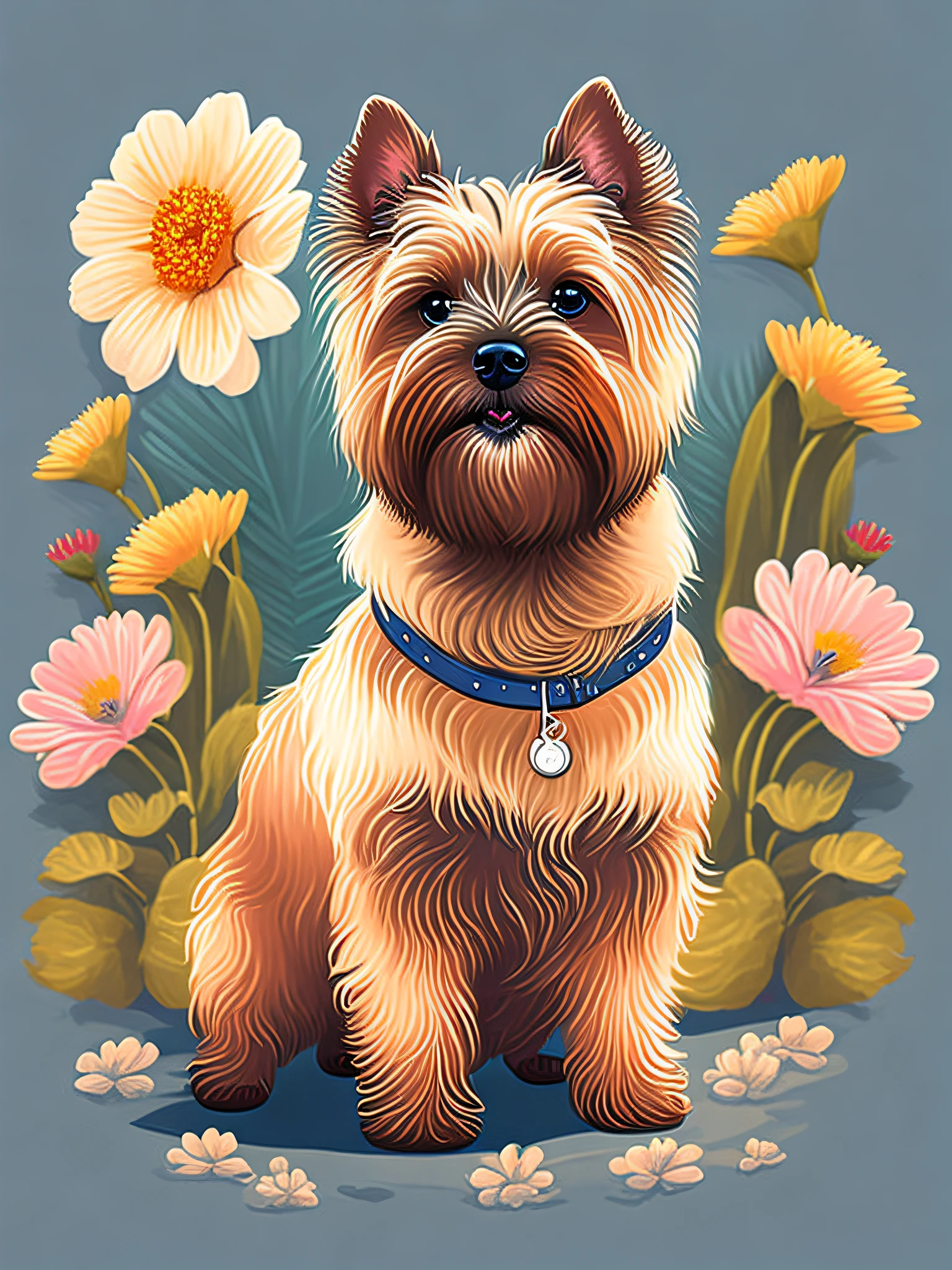 Cairn Terrier dog in street landscape, rzminjourney style, high quality vector illustration, printed shirt, warm sunlight, soft shadows, peaceful atmosphere, vibrant flowers, ultra-realistic details.