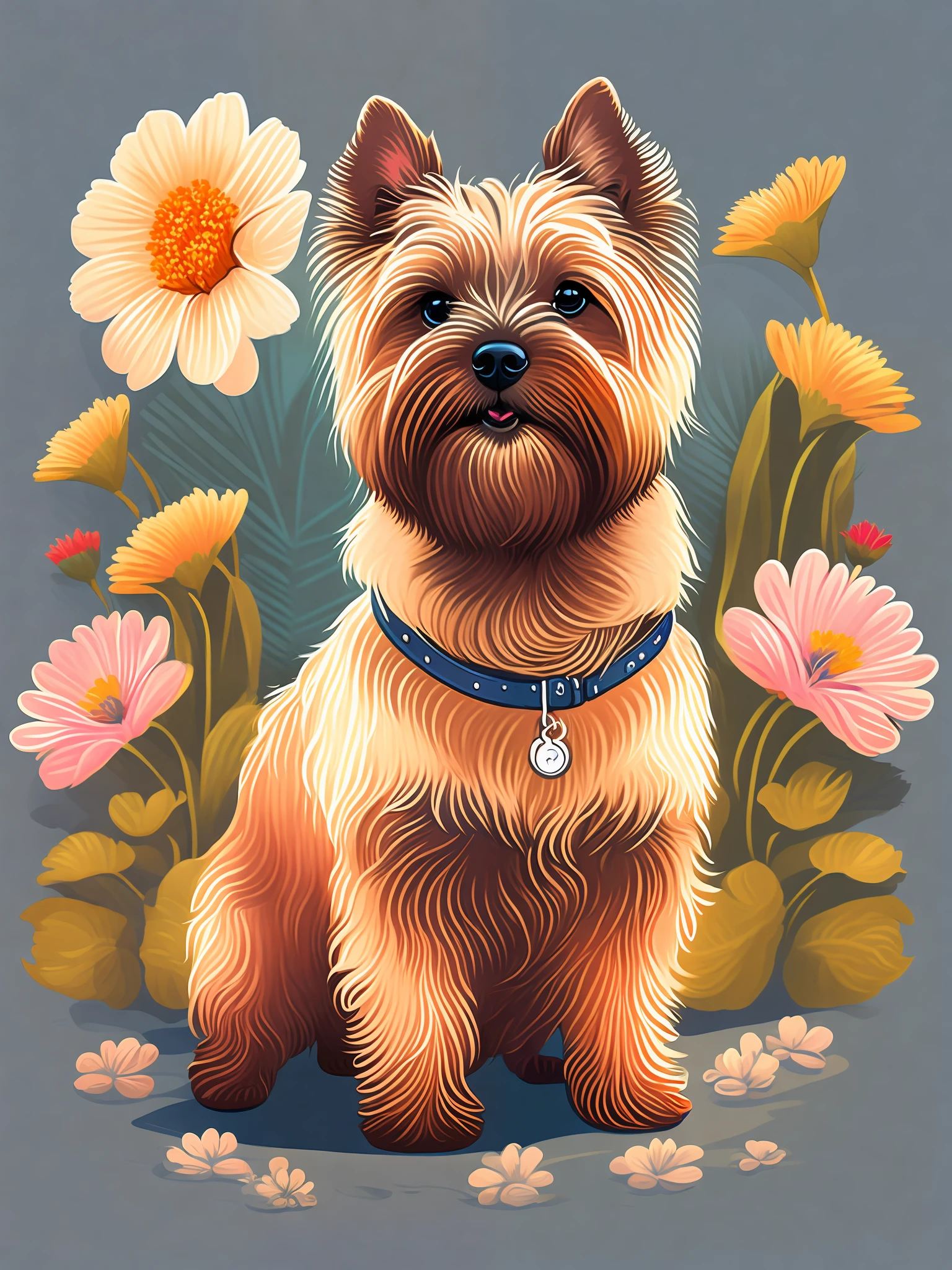 Cairn Terrier dog in street landscape, rzminjourney style, high quality vector illustration, printed shirt, warm sunlight, soft shadows, peaceful atmosphere, vibrant flowers, ultra-realistic details.