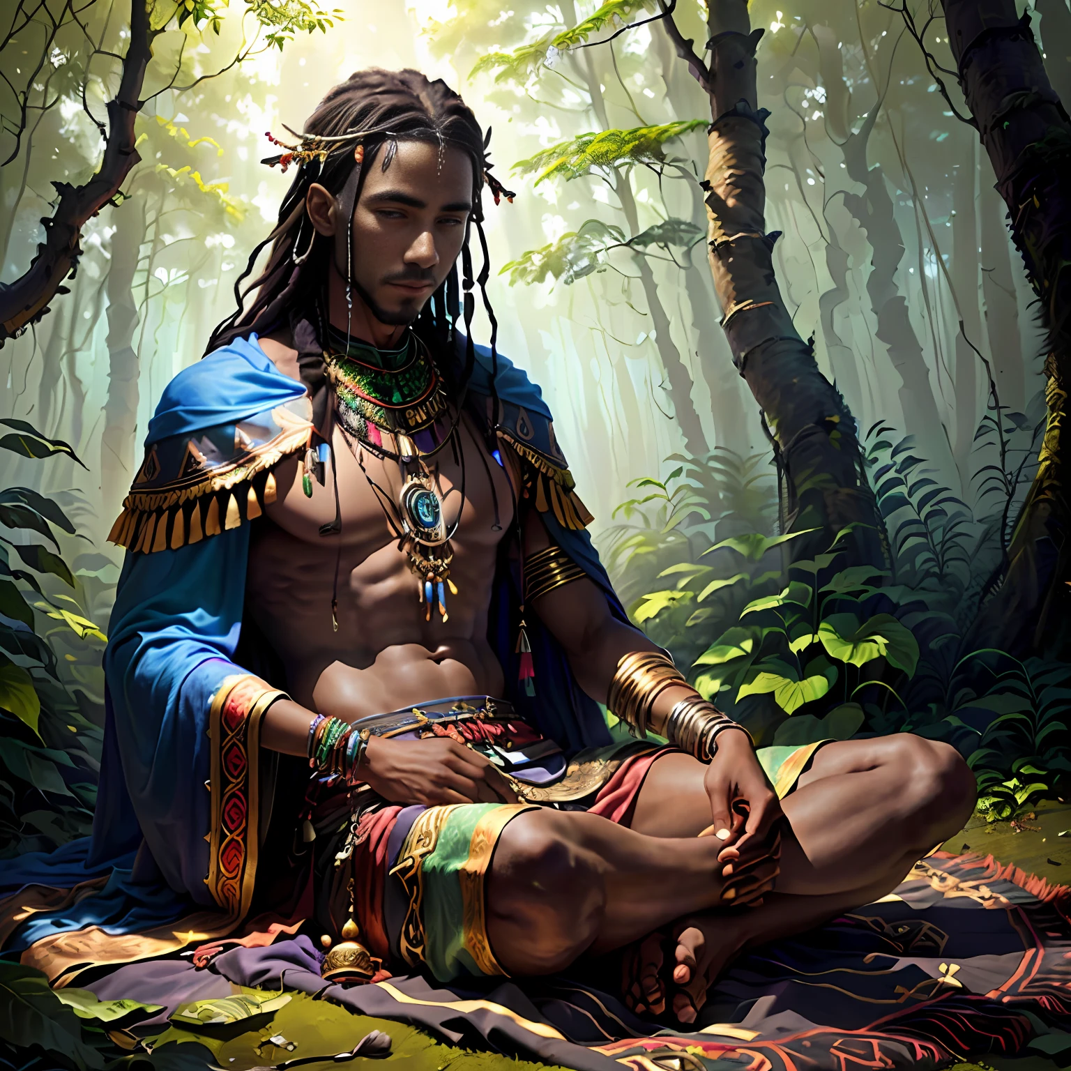 In the image, there is a gypsy man wearing colorful and traditional clothes. He is sitting in a mystical room, decorated with purple velvet on the walls. A dark wooden table stands in front of him, covered by a purple velvet towel, and on it are scattered several golden coins. The man holds a golden coin in his left hand and is concentrated, staring intently at it. In his other hand, he holds a tarot deck, with the cards scattered on the table. The ambient light is soft, coming from candles strategically arranged in the room, creating a mystical atmosphere. In the background, one can see purple velvet curtains, with mysterious golden prints