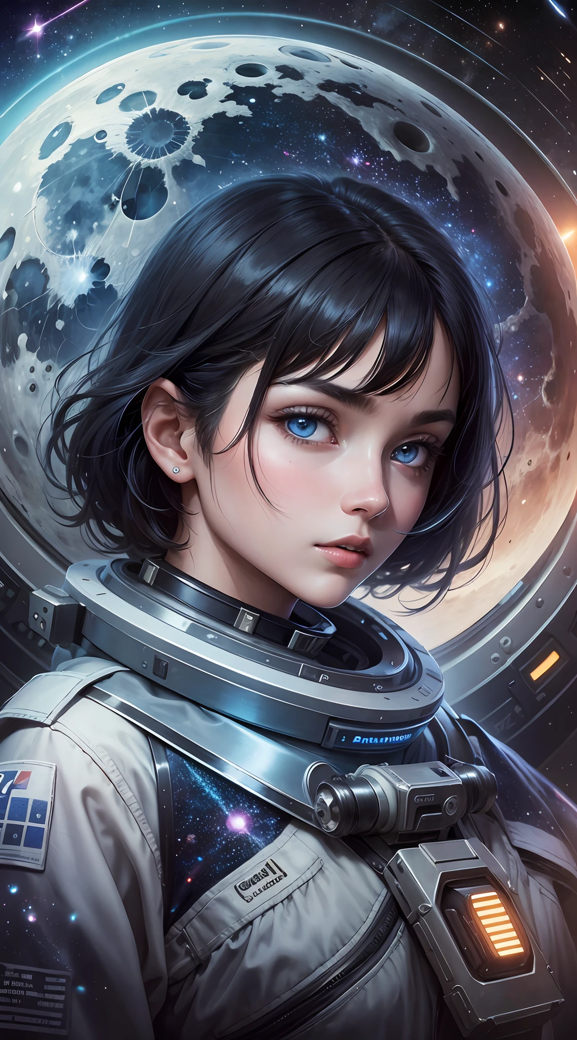 masterpiece, best quality, one girl, space,moon seen from spaceship,black hair, short straight hair, behind,drooping eyes,blue eyes,realistic, (Adaptive costume:1.1),casual,magnificent,perfect face, complex, [tone], good anatomy, --auto --s2
