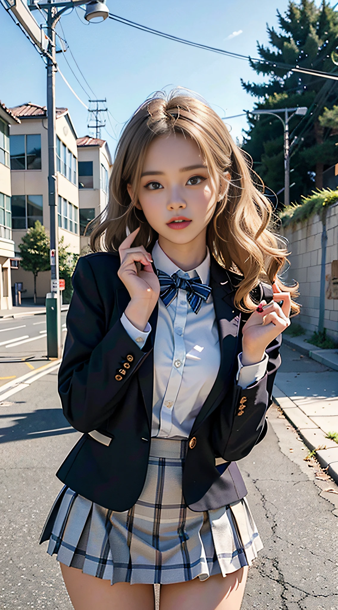 (8k, RAW photo, best quality, masterpiece:1.2), yjnn, 1girl, 3d, voluptuous body, beautiful face, photogenic , 3D, Blazer uniform, long blonde hair in curls, hands raised, schoolyard, school uniform, real, shiny skin, beautiful delicate face, beautiful delicate eyes, mini skirt, multiple people