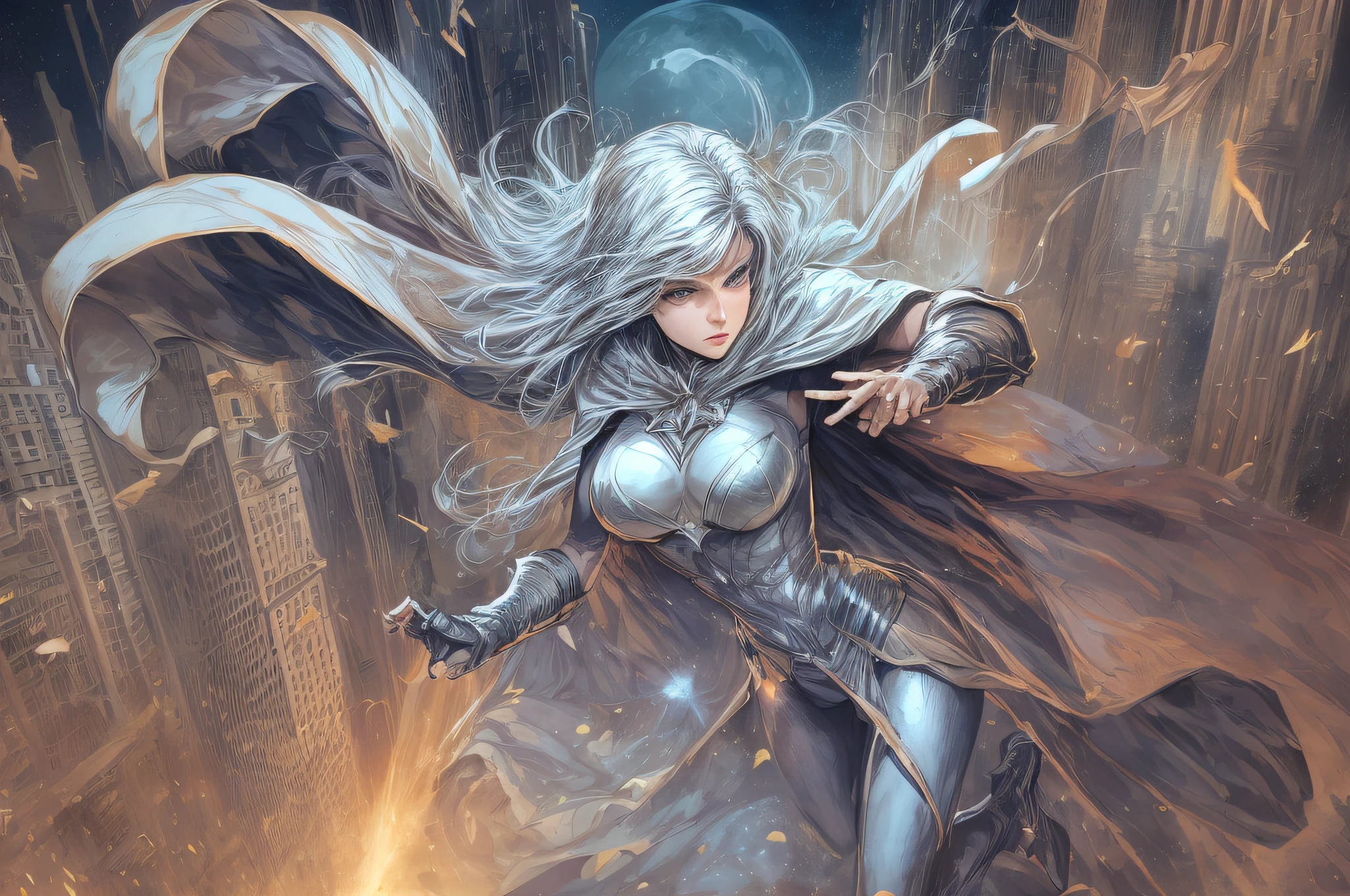 a drawing of a woman in a dress is flying through the air, female moon knight, heroic jumping pose, cloak flittering in the wind, inspired by Hal Foster, heroic action pose, moon knight, super super dynamic dynamic pose, hero action pose, leaping towards viewer, super hero pose, inspired by Frank Miller, heroic kicking pose, hero pose --auto --s2