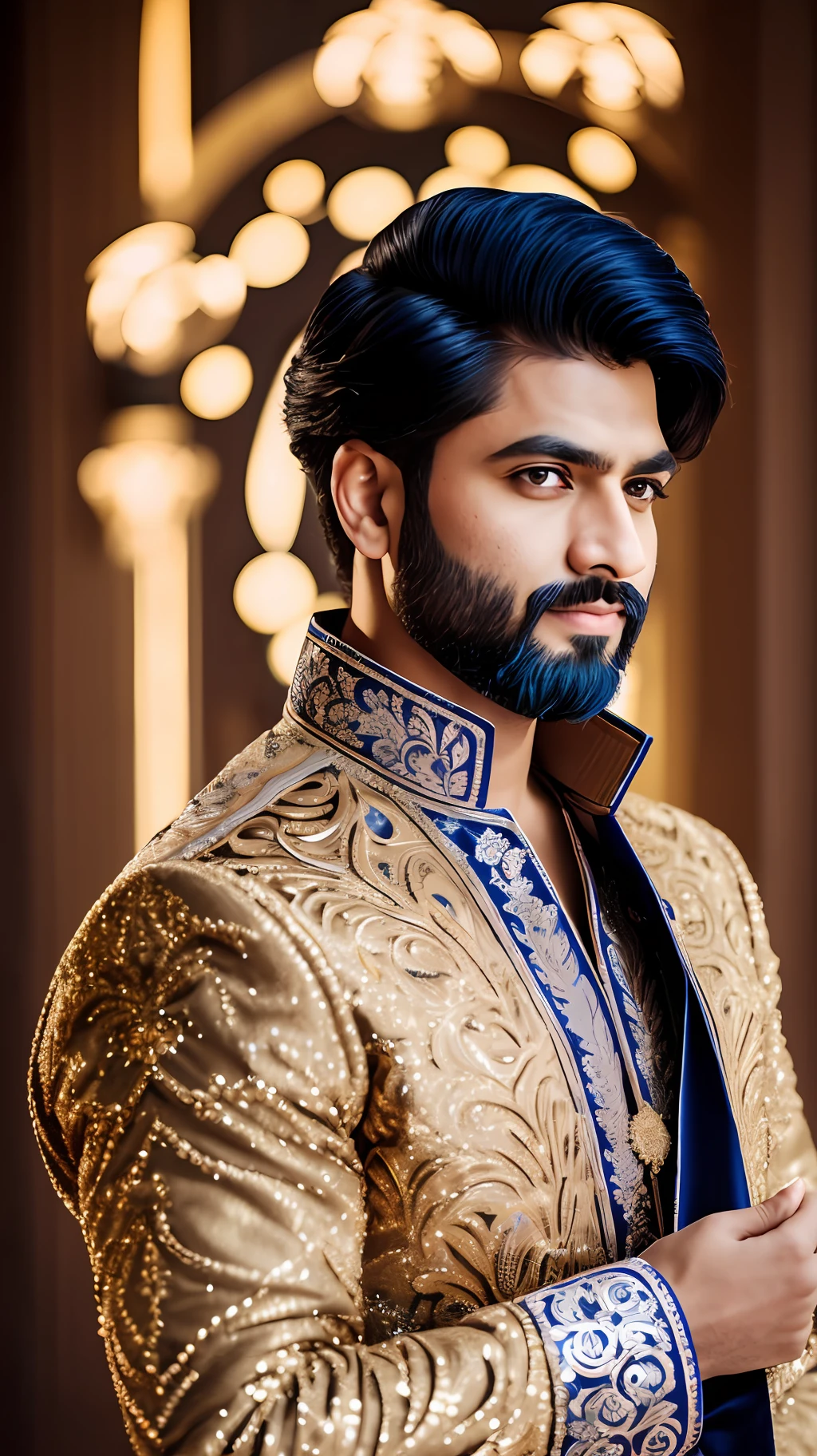 (portrait, high quality), detailed face, 8k, flickr, photo art, symmetrical composition, 1man, (photorealistic:1.0) (sharpening) (contrast) tall, stoic, stern::1, bearded, handsome man, wearing a long black ornate indian sherwani::3 suit, in a bright::2 opulent ballroom. Vivid yellow::2, amber, and blue bokeh::3 background. Full frame 85mm f/1.4 lens.