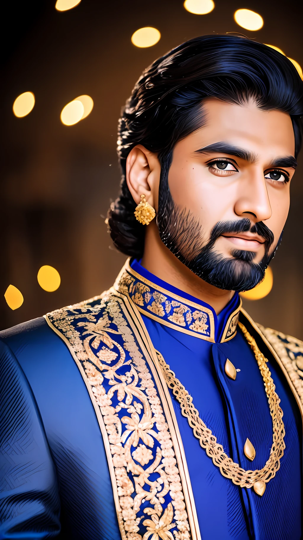 (portrait, high quality), detailed face, 8k, flickr, photo art, symmetrical composition, 1man, (photorealistic:1.0) (sharpening) (contrast) tall, stoic, stern::1, bearded, handsome man, wearing a long black ornate indian sherwani::3 suit, in a bright::2 opulent ballroom. Vivid yellow::2, amber, and blue bokeh::3 background. Full frame 85mm f/1.4 lens.