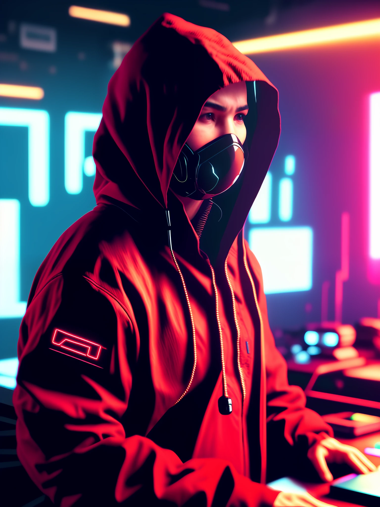 NeonNinja style, a close up of a person wearing a red hood there is a large ball in the middle of a room, a close up of an electronic device on a table