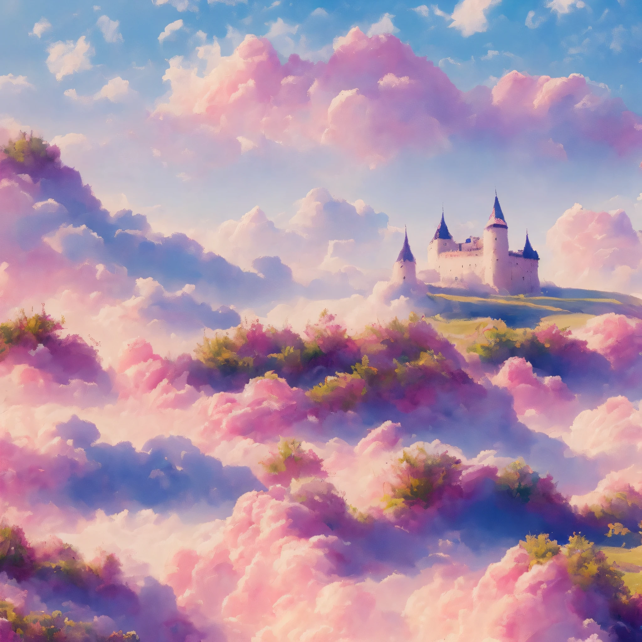 Digital painting, painted in pink main tones, white clouds, cotton on the ground, light in the distance and a dreamy castle, presented in watercolor by Katie Daisy, Oana Befort, simple details, hazy, dreamy
