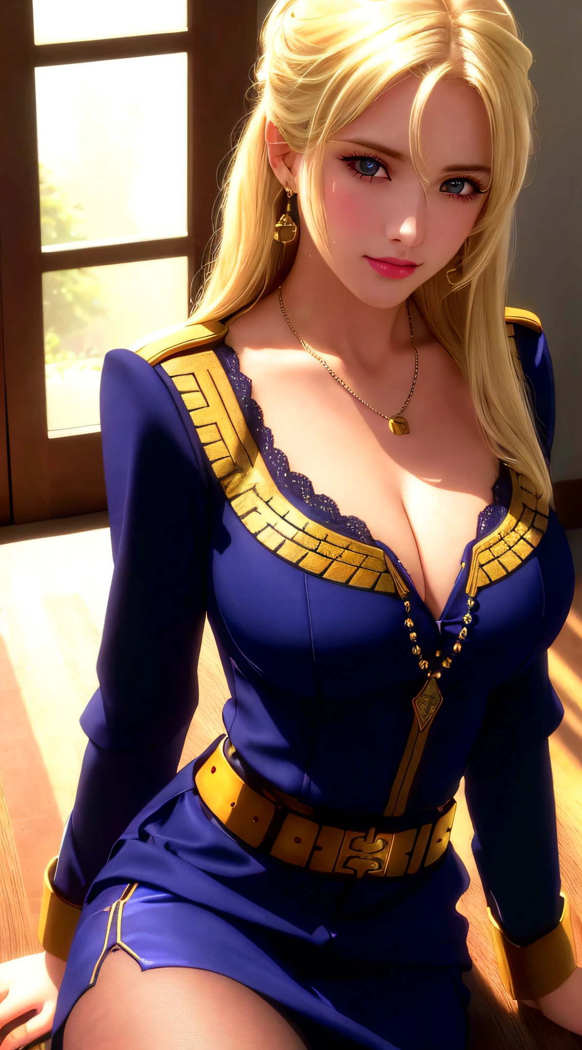 sitting on desk, aroused, necklace, earrings, full body, long blonde hair, blue military uniform, bra exposed, superb, ultra-high-definition, RAW photo, realism: 1.25), (bright lip gloss, long eyelashes, smooth face, bright skin, natural shadows, wide light, wide light, depth of field, strong colors, subtle caustics: 0.8), (big tits), v6