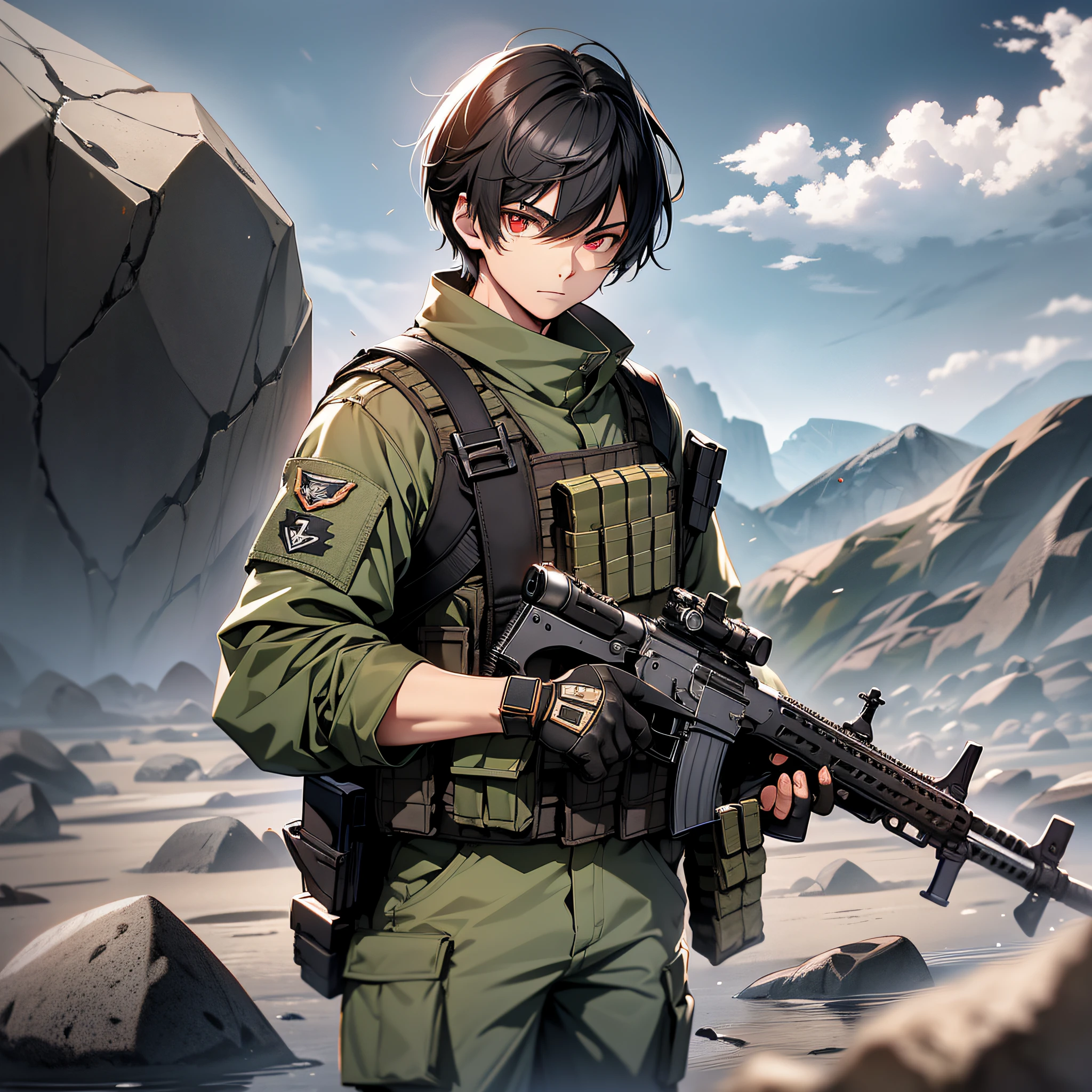 young boy, bulletproof vest, M4A1, rifle in his hands, wearing military iniform with camouflage of errand, military clothes, black hair, red eyes, in a desert full of rocks, cloudy weather, light rain, looking at the viewer, victorious pose, 4k, good anatomy, better quality, sharp face