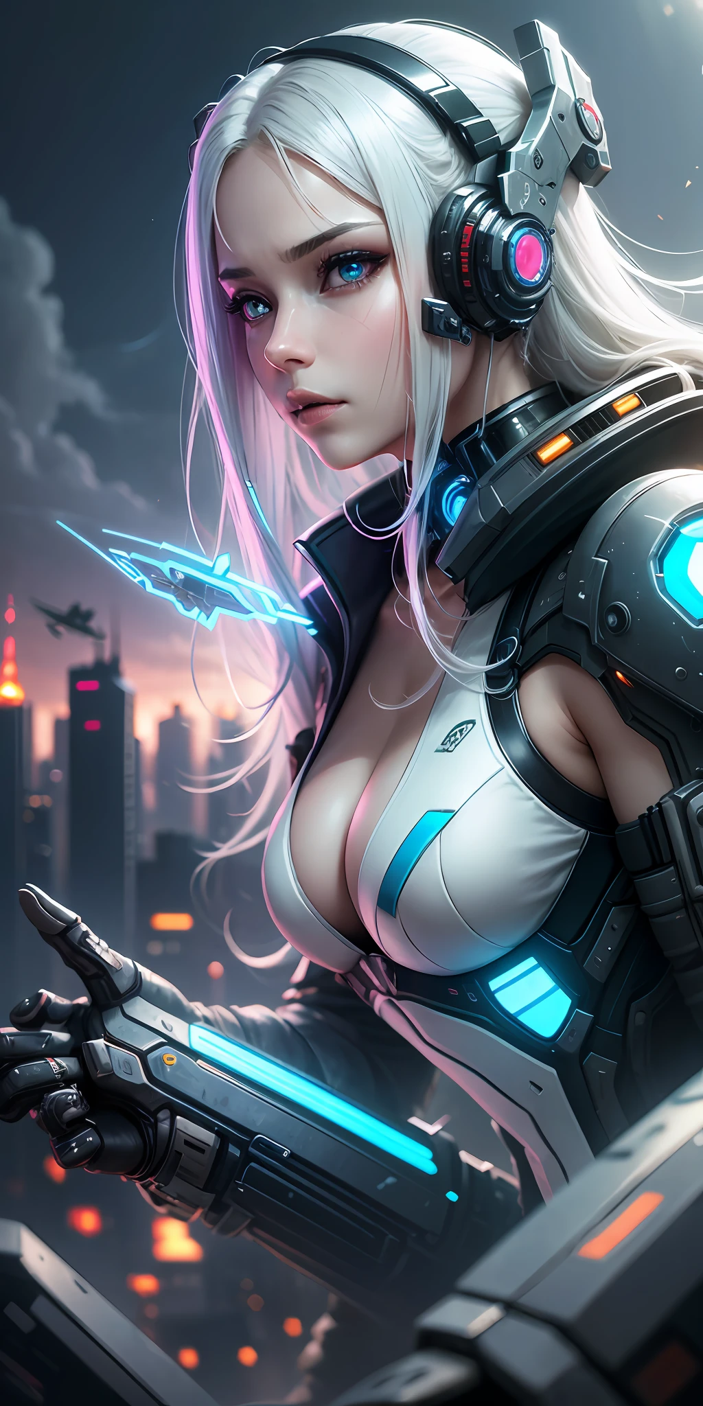 Dreamy, highlight the cyborg world, wide-angle lens, cyberpunk style, wide-angle doomsday, royal sister, dynamic eyes, sad eyes, mechanical beasts, airplanes far, battleships far, science fiction, sky lightning and thunder, mechanical warframe meticulous portrayal, cyberpunk-style cities, delicate girl face meticulously portrayed face, flowing long white hair fluttering in the air, dark blue, --auto --s2
