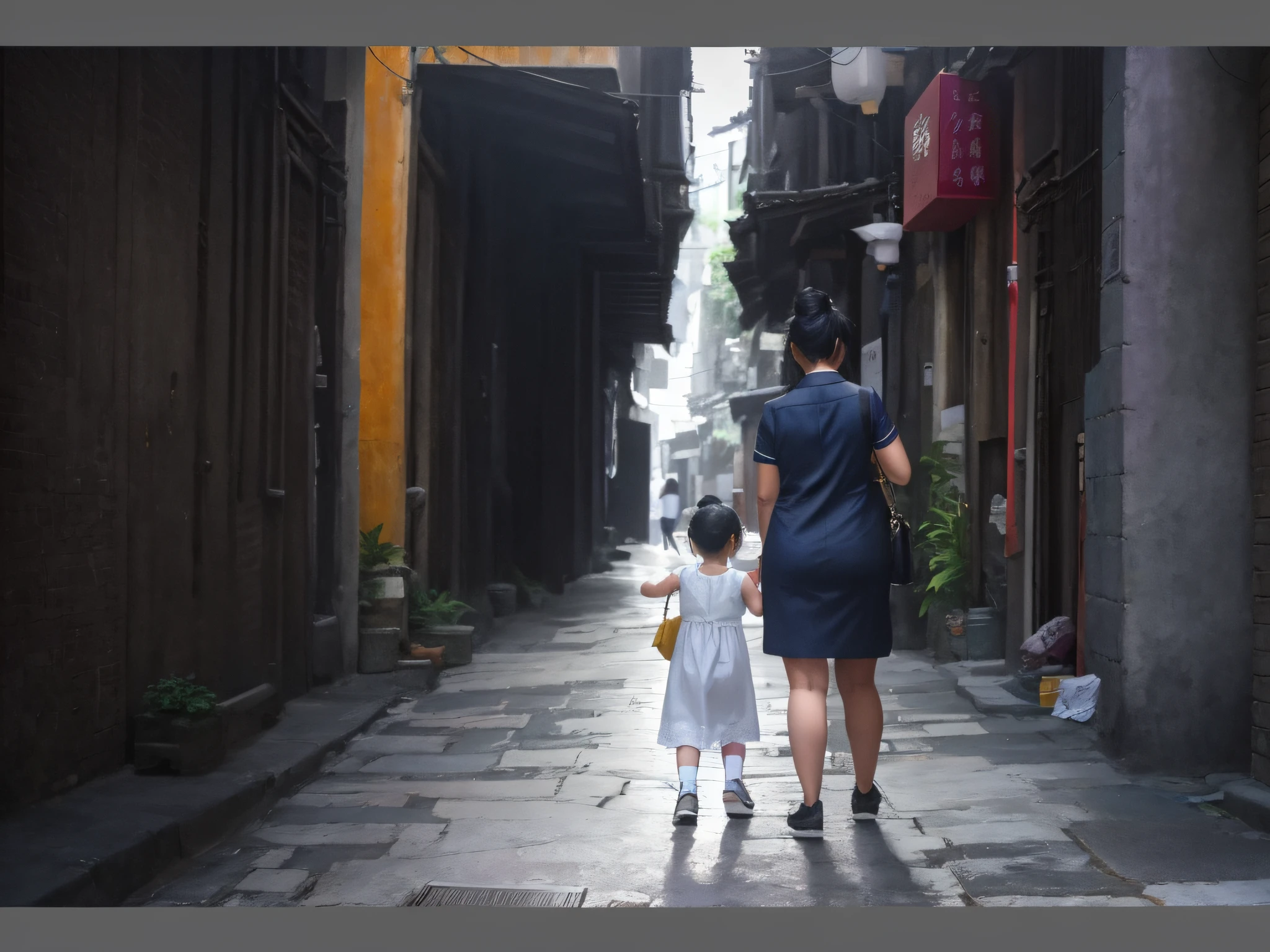 There was a woman and a child walking in a narrow alley, in a narrow Chinese alley, in an alley, in a misty alley, nostalgic atmosphere, good morning