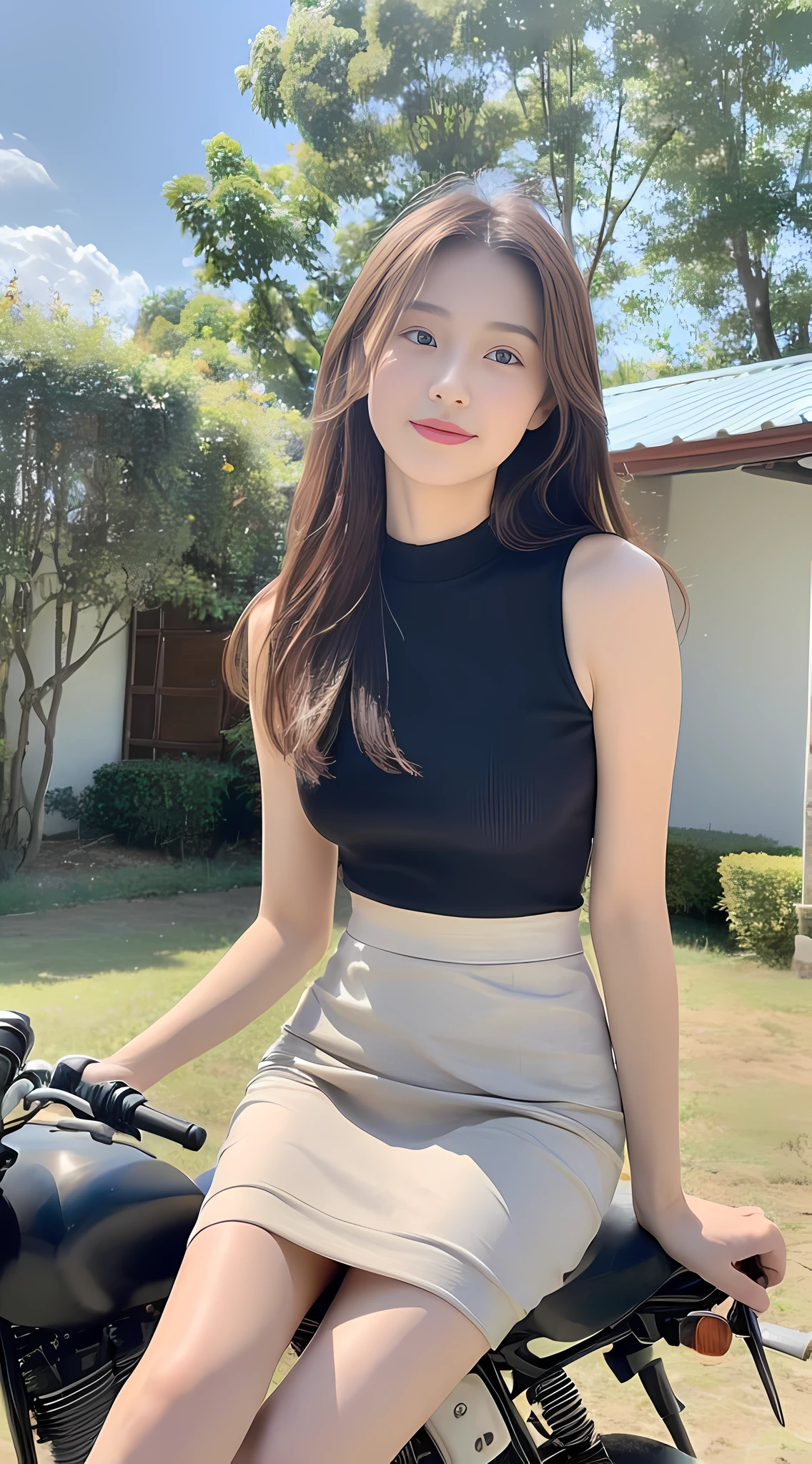 ((Best Quality, 8K, Masterpiece: 1.3)), Focus: 1.2, High School Girl, Motorcycle Pilot, Perfect S-Shaped Body, (Firm Eyes) (Cute), Delicate Face, Long Hair Waist Length, Long Hair Flowing, Head Tilted, Smile, Hair Details, Delicate Full Body Portrayal, Delicate Face Portrayal, Best Image Quality, High Resolution, Detailed Background, Delicate Characterization, Delicate Details, Rich Details, Face Enhancement, (Black Short Top, Skirt Midi Skirt), Blue Sky and White Clouds, Sitting in the Flowers, Wooden House, There are no bags under the eyes