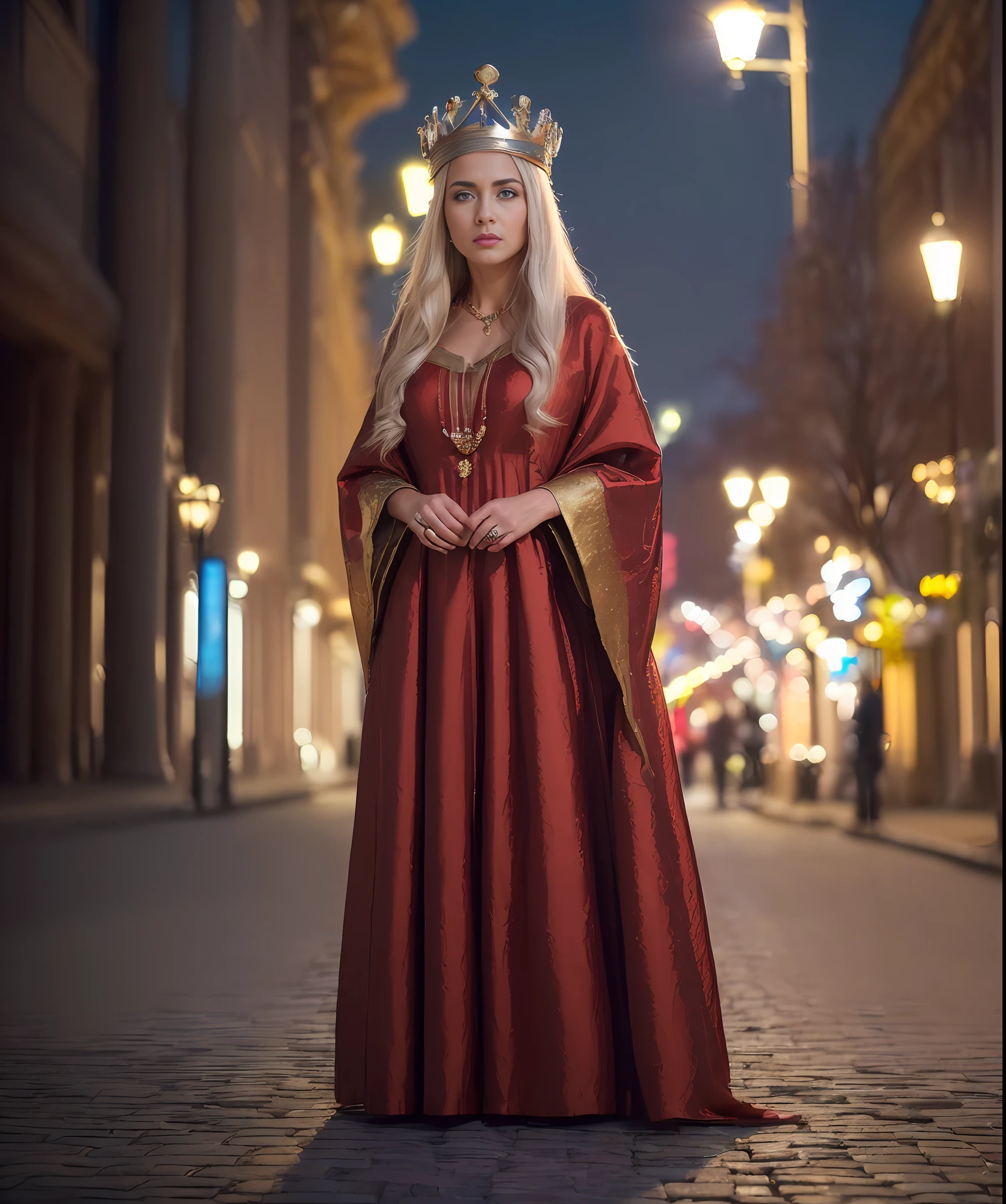 masterpiece, best quality, 8k, sharp focus, (((superrealistic)), high details, raw photo portrait, a 30-year-old woman, white hair, sorceress, light brown eyes, long red dress, photo on the street, (((night)), dark, on a street, crossroads, (((night))), paved street, photo taken at night, light smile, (((photo taken full body) (((depth of field))):1.8 The expression lines on her face can be seen clearly. The texture of your crown and clothes is exceptionally well detailed.