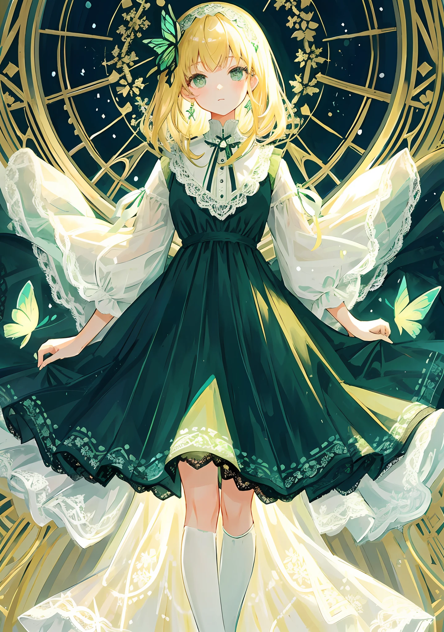 ((Masterpiece)), (best quality), (simple style), green dress, butterfly heart, pleated lace, Edwardian lace dress.