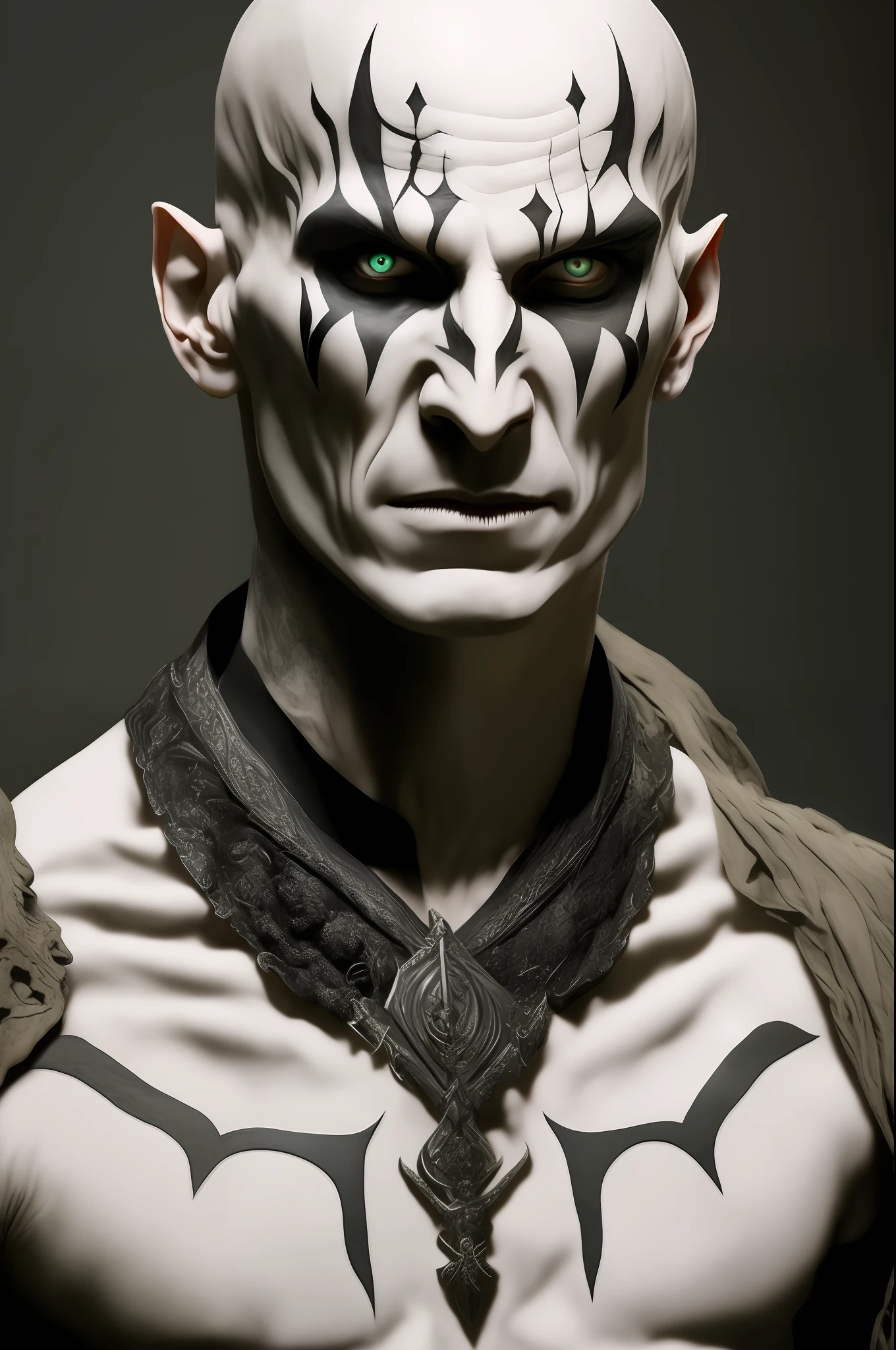 Masterpiece, perfect light and shadows, supernatural villain, human, strong, with cadaverous white skin, pale, detailed black eyes full of black shadows, earrings and piercings, mature, 50 years. Thin, withered lips. Wearing a black tunic (apparent hairless chest) richly embroidered and with stones, behind him is a hellish and hazy scenery, voldemort of nose, drax of pale white skin, whole body tattooed with pagan runes, illustration pb