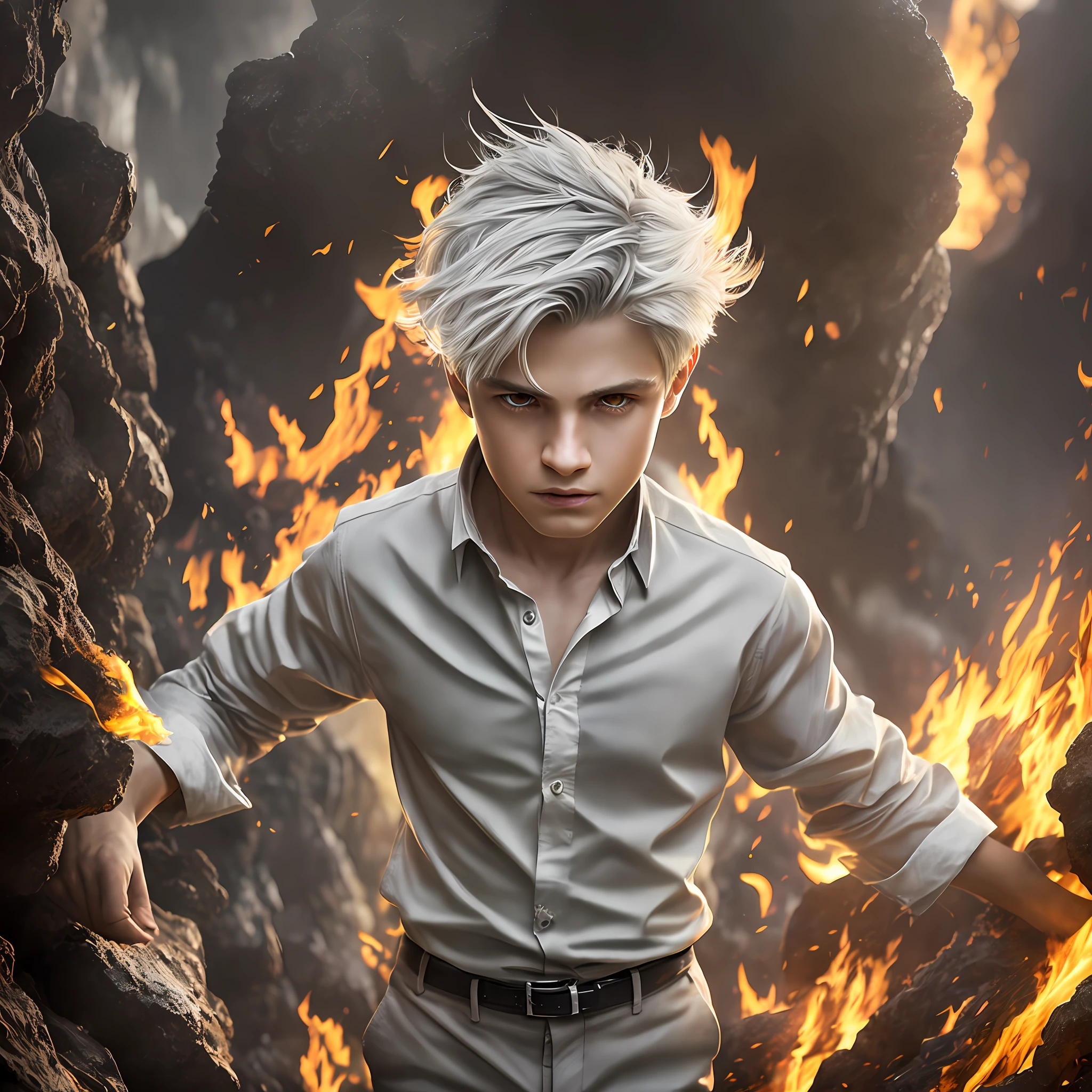 Drawing, fantasy, realism, dynamic pose, detailing, 12-year-old guy, light gray hair, (hair detailing), frightened yellow eyes, (eye detailing), dressed in a shirt and trousers (clothing detailing), standing on fire, cave (environment detailing), a lot of lava, steps, 8kk --auto --s2