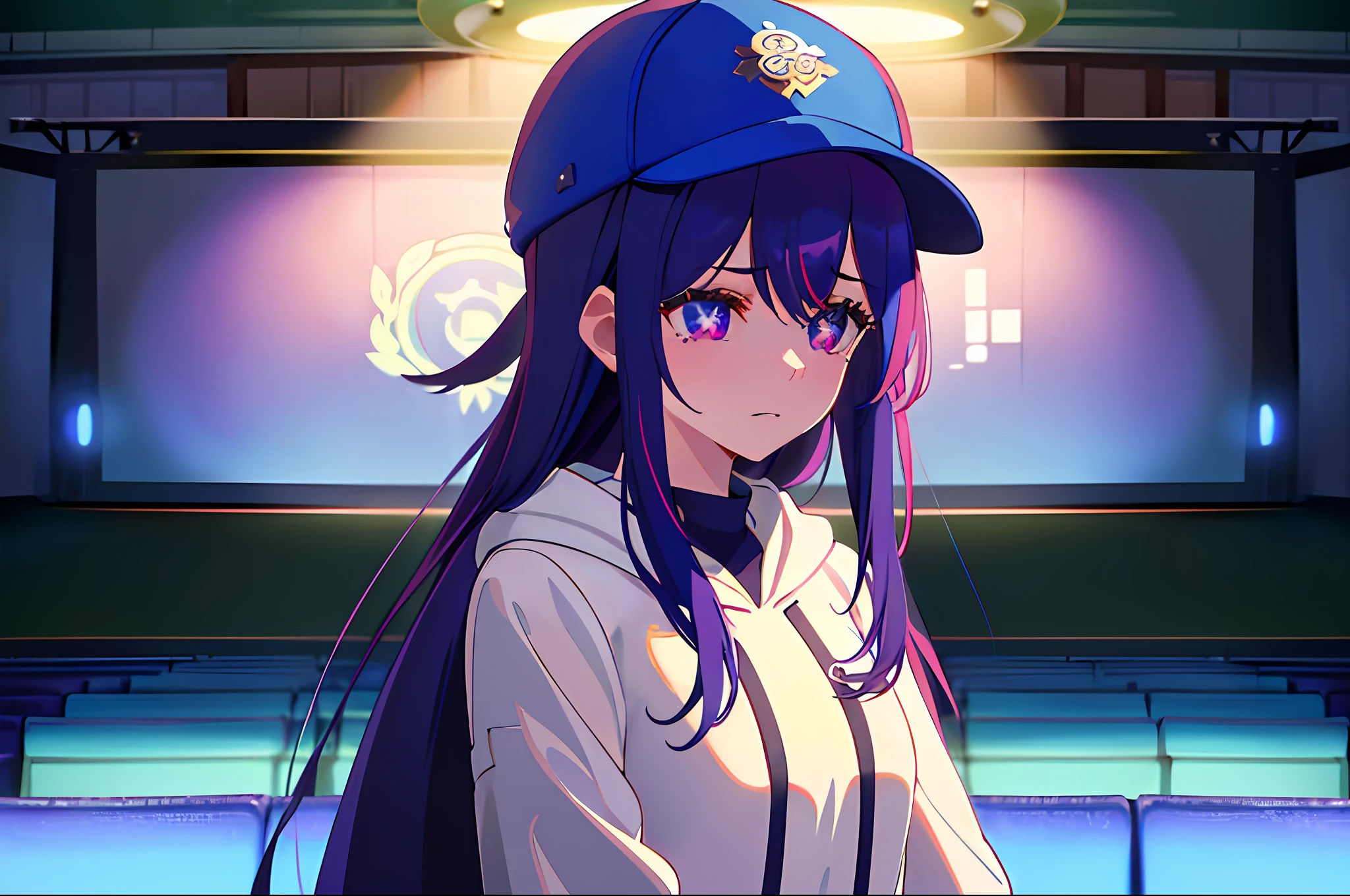 ((1girl)),(((blue baseball cap))), ((solo)), purple hair, long hair, multicolored hair,purple eyes, grey, (((white hoodie))), +_+, (((upper body))), long sleeves, bangs, smile,(((parted lips))), hood down, (badge on hat), symbol-shaped pupils, looking at viewer,details eyes,(((indoors,stage))),(((Directly facing the audience))),absurdres, ((wide shot)),((((the girl shushing in front of the mouth)))), starpupil, close-up, eye focus, tears, crying, sad, closed mouth,