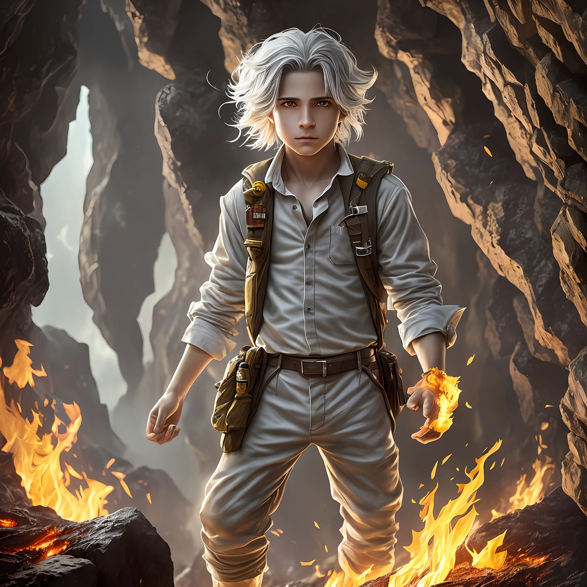 Drawing, fantasy, realism, dynamic pose, detailing, -yeld gulight gray hair, (hair detailing), frightened yellow eyes, (eye detailing), dressed in a shirt and trousers (clothing detailing), standing on fire, cave (environment detailing), a lot of lava, steps, 8kk --auto --s2