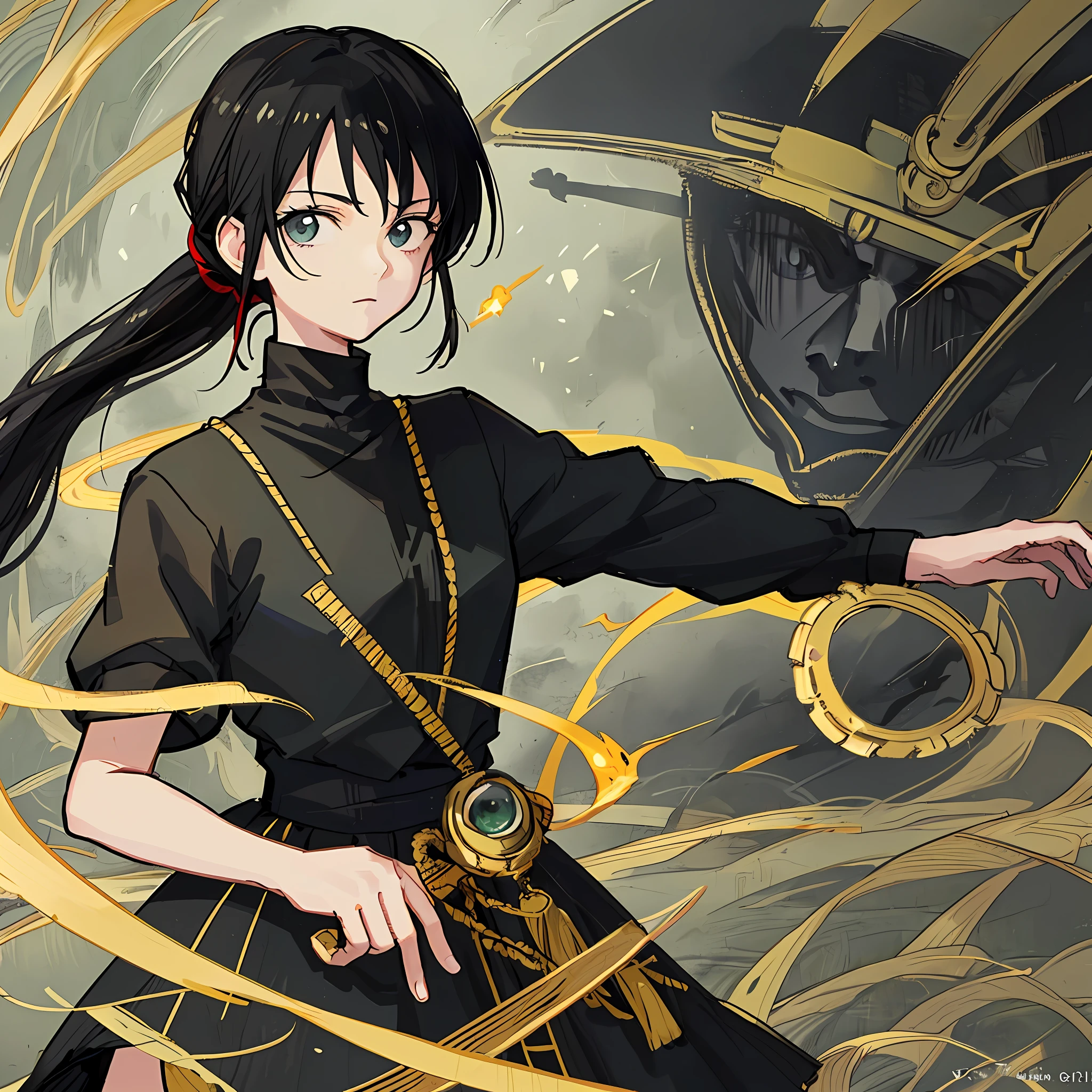 (Masterpiece), (Best Quality), (Super Detail),(Illustration), 1 Woman, Black Hair, Ponytail Hair, Black Clothing, by Yoshihiro Togashi, Manipulating Shadows.